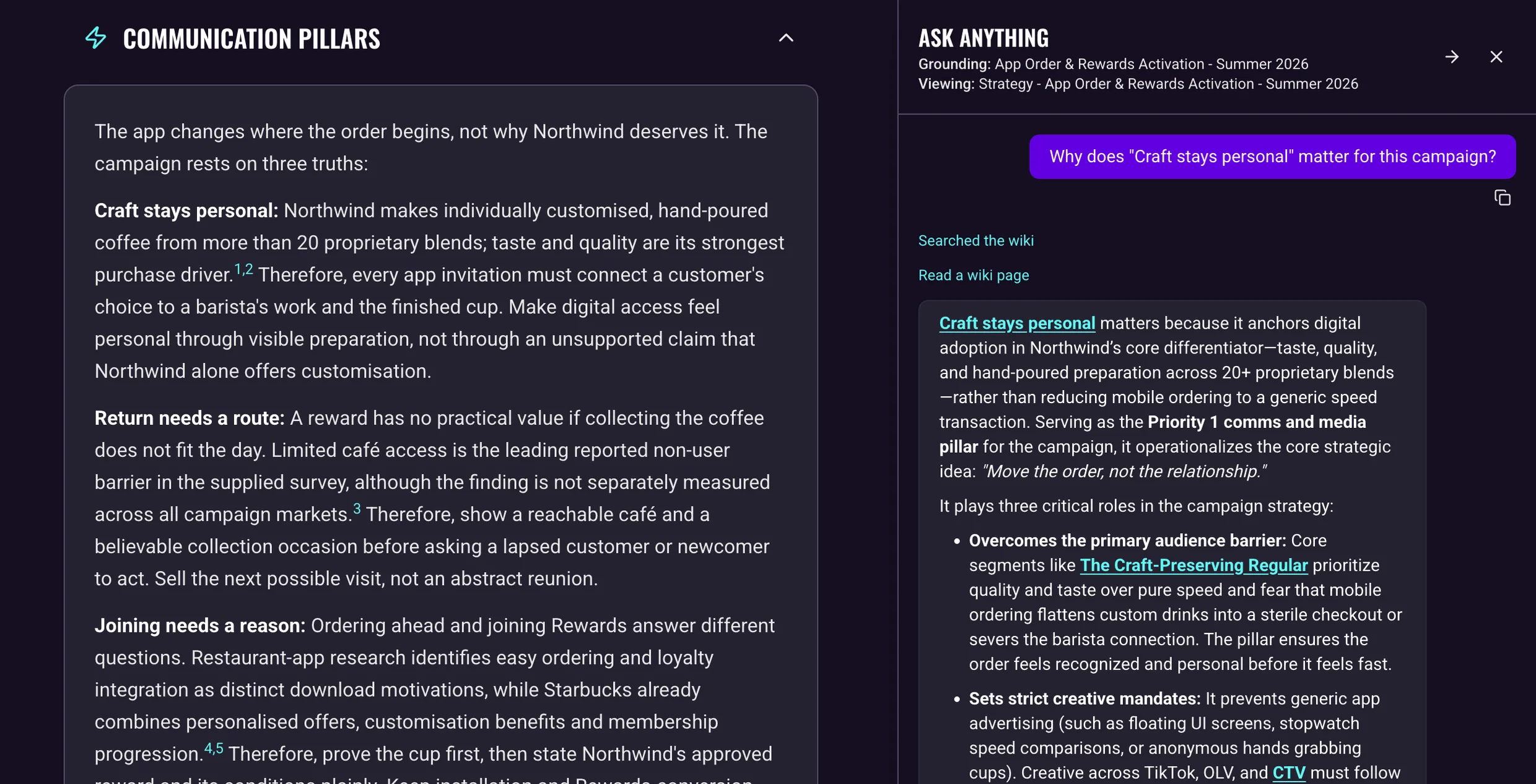 A Strategy page with Chat docked beside it: its header names the campaign it is grounded in and the strategy in view, and its answer explains why the pillar on screen, Craft stays personal, matters for the campaign, with links to the Wiki pages behind it