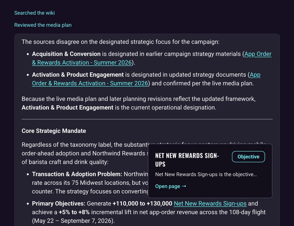 A Chat answer opening "The sources disagree on the designated strategic focus for the campaign": both versions, each with its citation, then which one is current and why, with one citation's preview card open