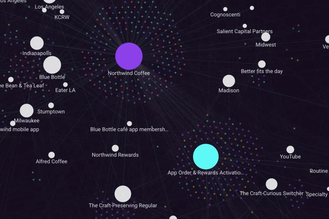 Maps for the Northwind Coffee sample brand: the brand and one of its campaigns, each ringed by its claims, among the competitors, places and audiences they connect to