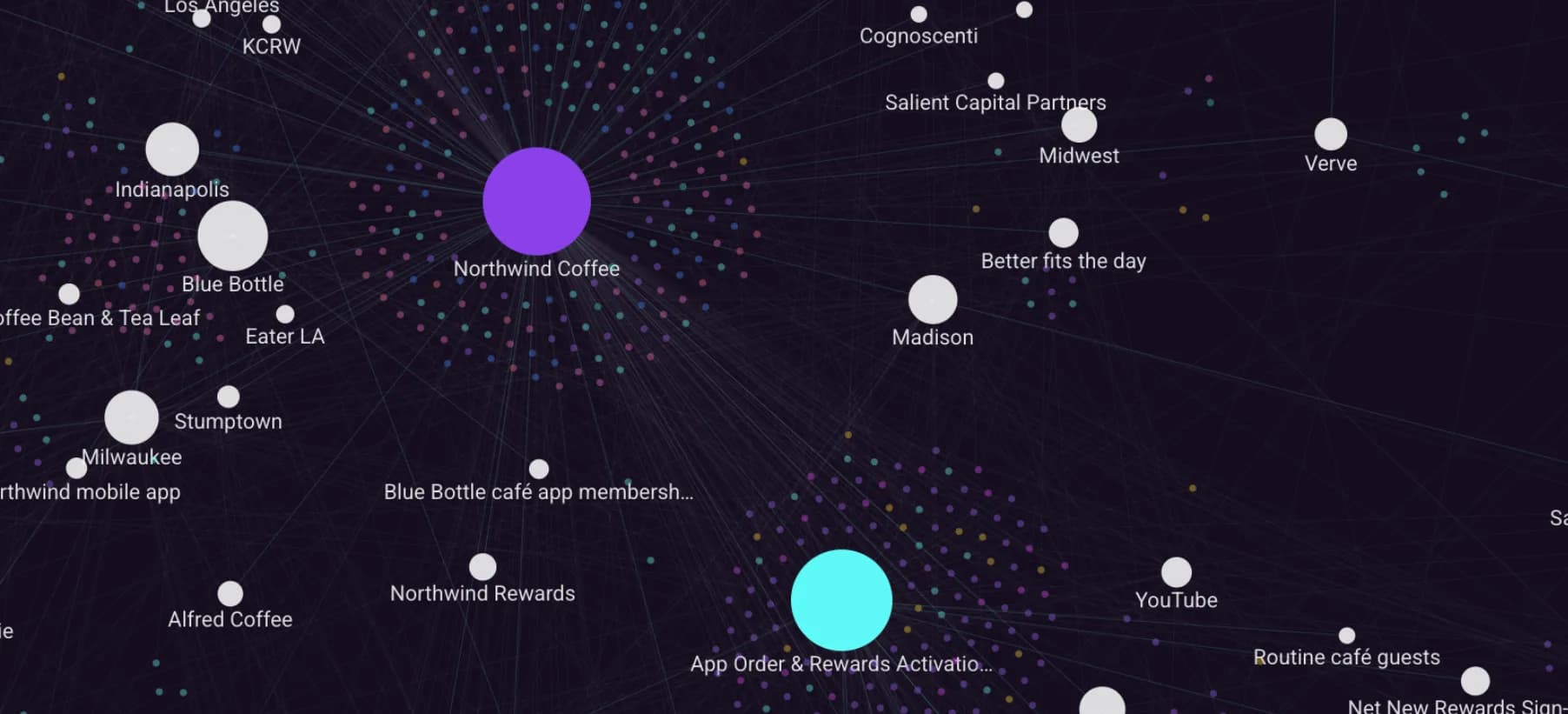 Maps for the Northwind Coffee sample brand across the whole brand: the brand and one of its campaigns, and audiences, channels, competitors and places around them, each with a cloud of small nodes for its claims