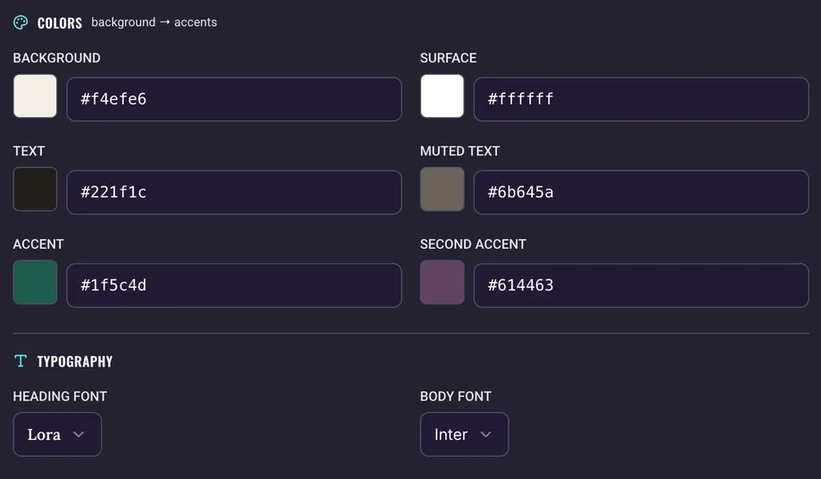 The design kit editor for a coffee brand: background, surface, text, muted text, accent and second accent colors with their hex values, and Lora and Inter as the heading and body fonts