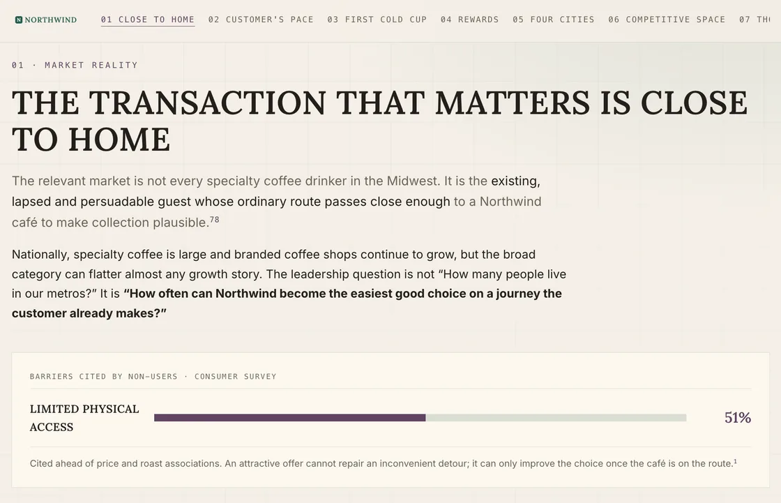 A page built from a research full report in the brand's own design kit: numbered section navigation with the first section active, the section headline The Transaction That Matters Is Close to Home, cited prose, and a bar showing 51% of non-users citing limited physical access
