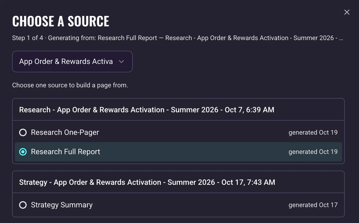 The page builder's Choose a source step filtered to one campaign: a research group listing the one-page summary and the full report, the full report selected, above a strategy group listing the strategy summary