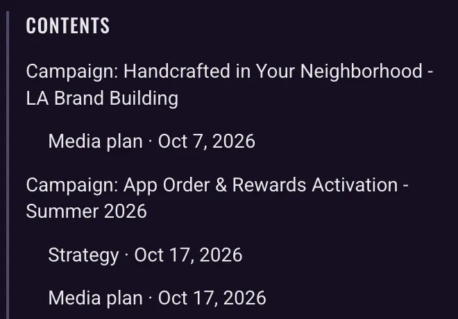 The page's contents rail: each campaign with its dated Strategy and Media plan runs