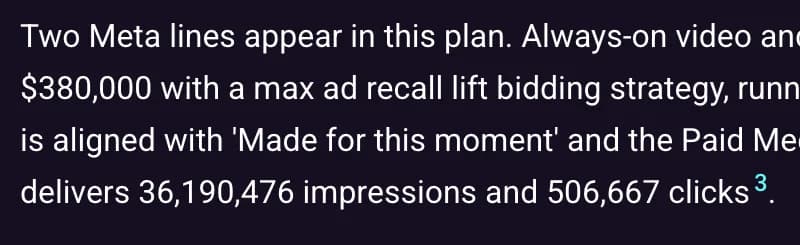 A paragraph from the Meta page's media-plan section, ending in a numbered citation