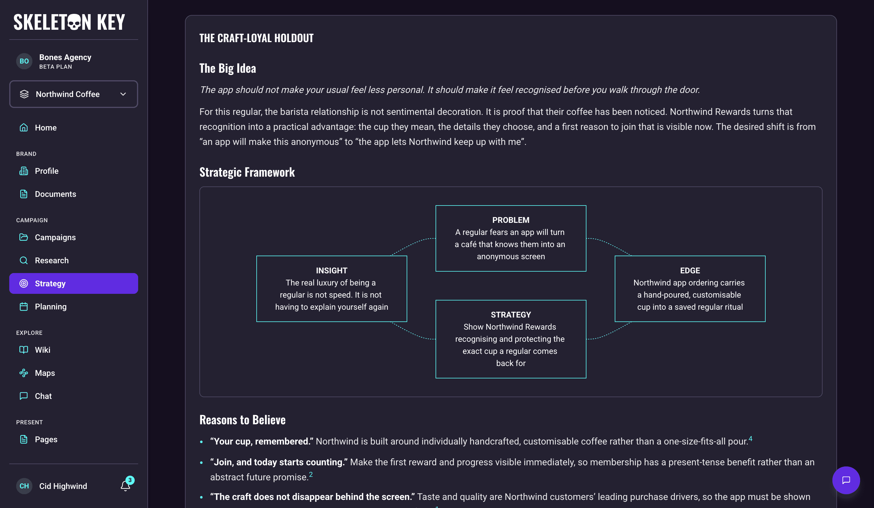 Communication Strategist output for the Northwind Coffee Summer 2026 campaign, showing one persona brief with The Big Idea as an italicised provocation and supporting paragraph, a Strategic Framework flowchart linking Problem, Insight, Edge, and Strategy, and the first Reasons to Believe proof points