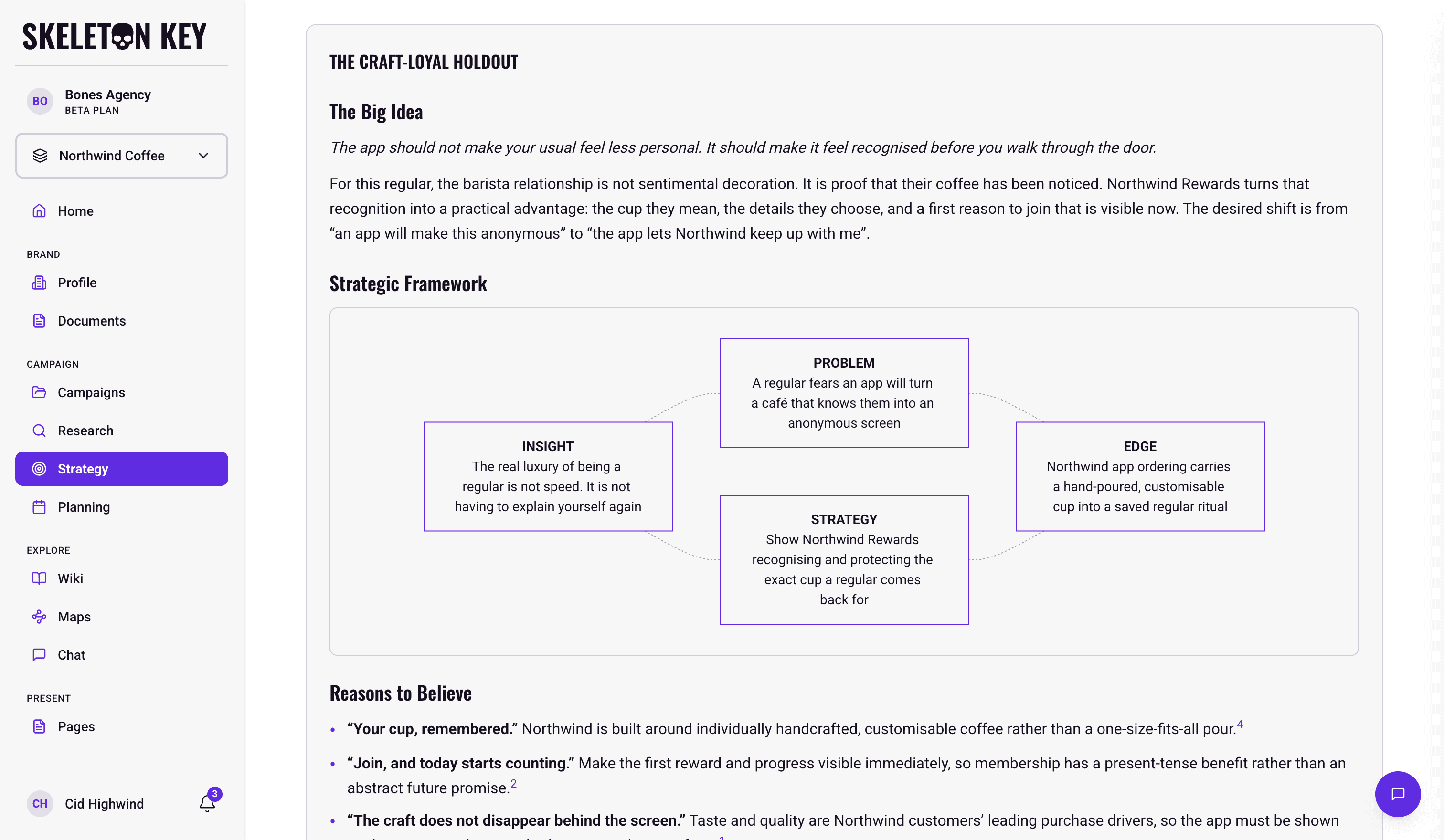 Communication Strategist output for the Northwind Coffee Summer 2026 campaign, showing one persona brief with The Big Idea as an italicised provocation and supporting paragraph, a Strategic Framework flowchart linking Problem, Insight, Edge, and Strategy, and the first Reasons to Believe proof points