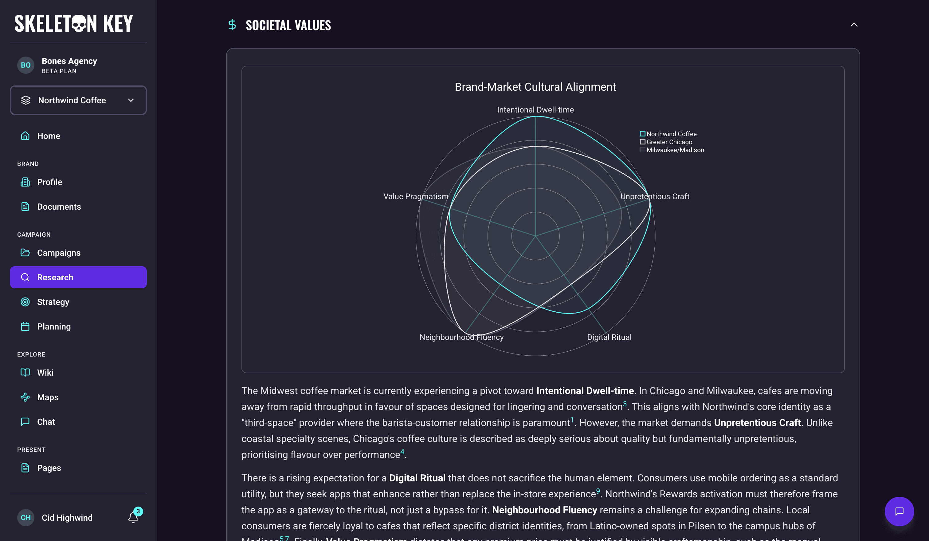 Culture Analyst output for the Northwind Coffee Summer 2026 campaign, showing the Societal Values section led by a Brand-Market Cultural Alignment radar chart that plots the brand against two regional markets across five cultural axes, followed by prose unpacking each axis