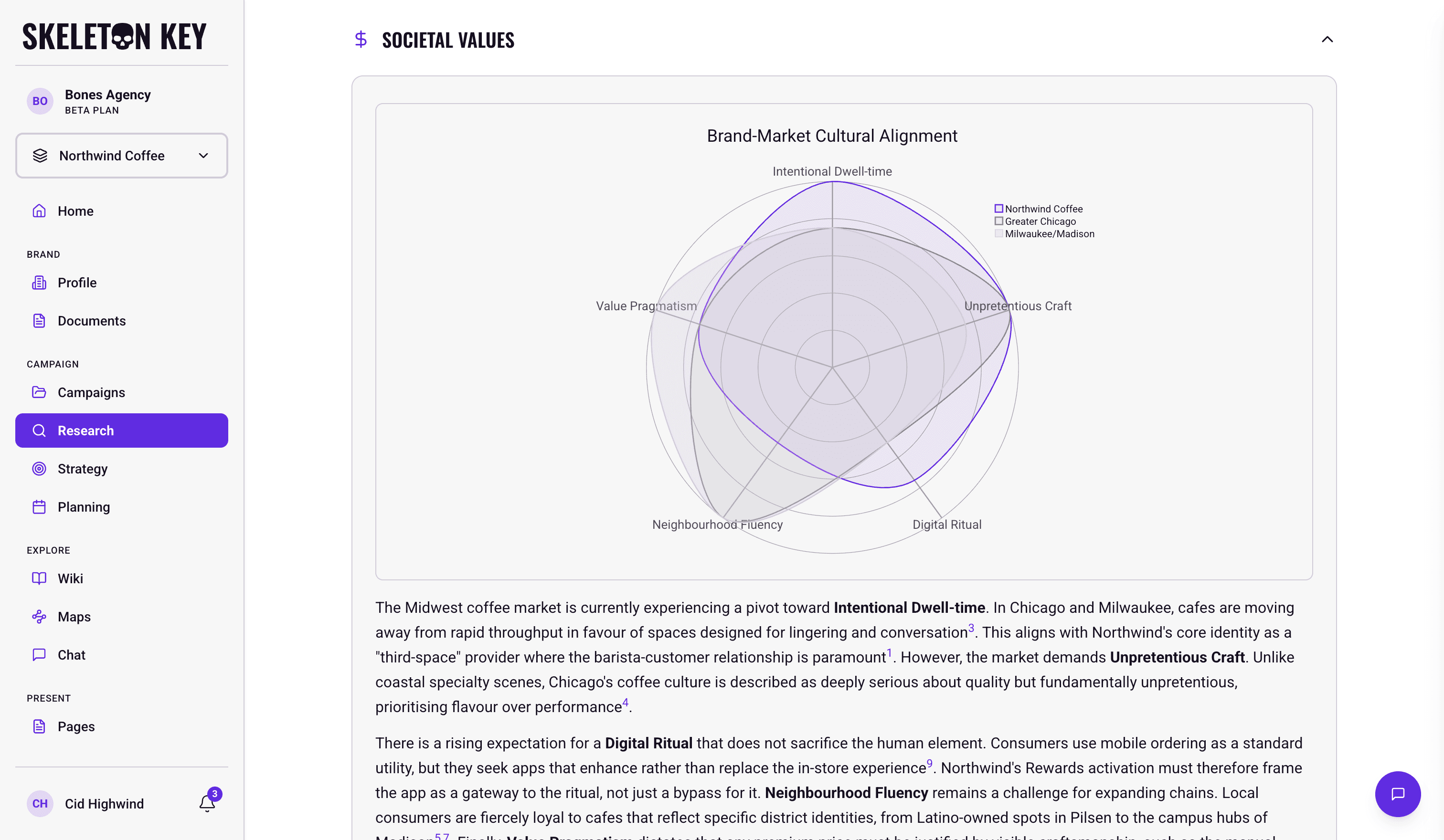 Culture Analyst output for the Northwind Coffee Summer 2026 campaign, showing the Societal Values section led by a Brand-Market Cultural Alignment radar chart that plots the brand against two regional markets across five cultural axes, followed by prose unpacking each axis