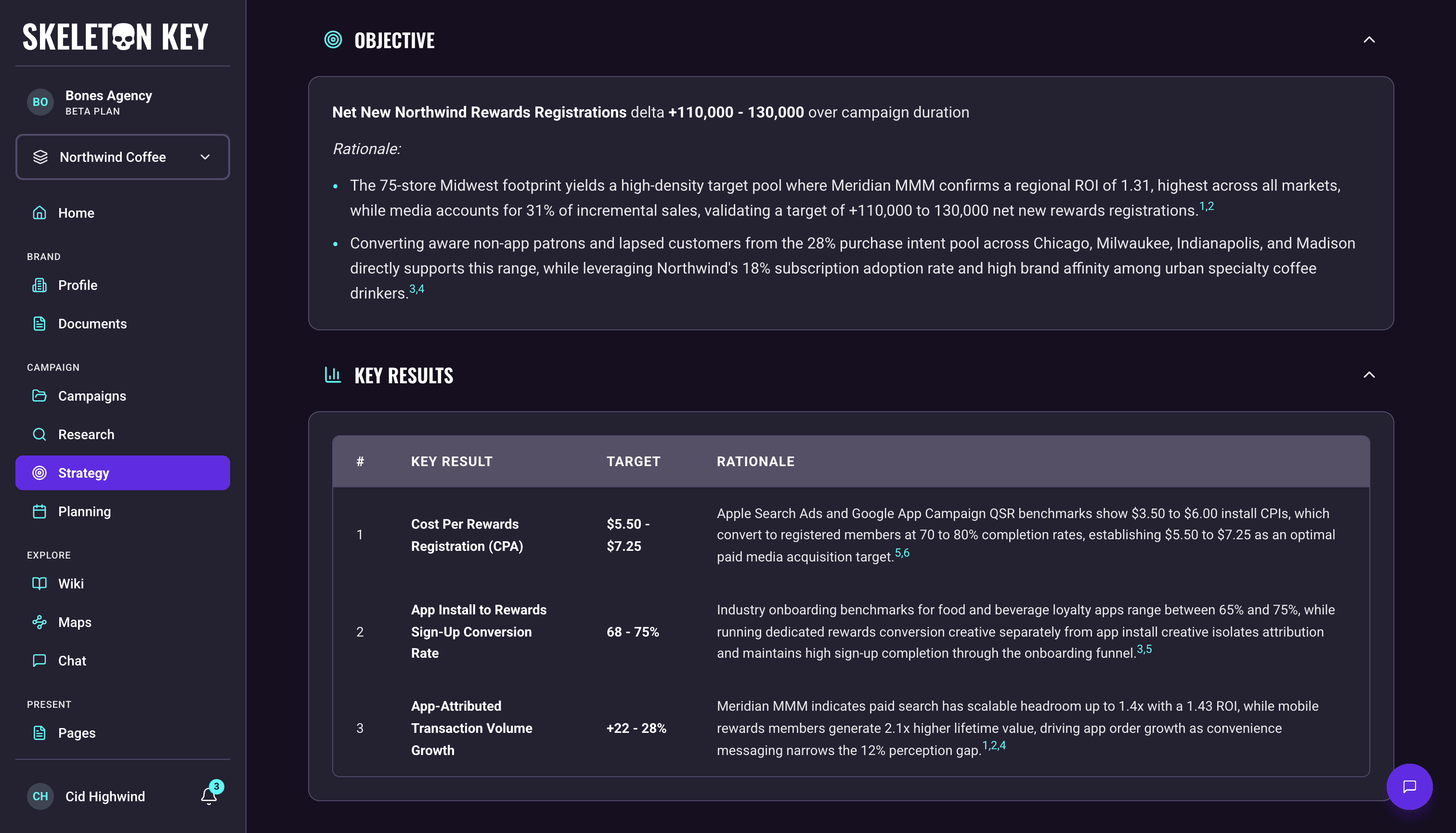 Goals Strategist output for the Northwind Coffee Summer 2026 campaign, showing the Objective section with a numeric target range and its rationale bullets, followed by a Key Results table listing three numbered results with their target ranges and the reasoning behind each