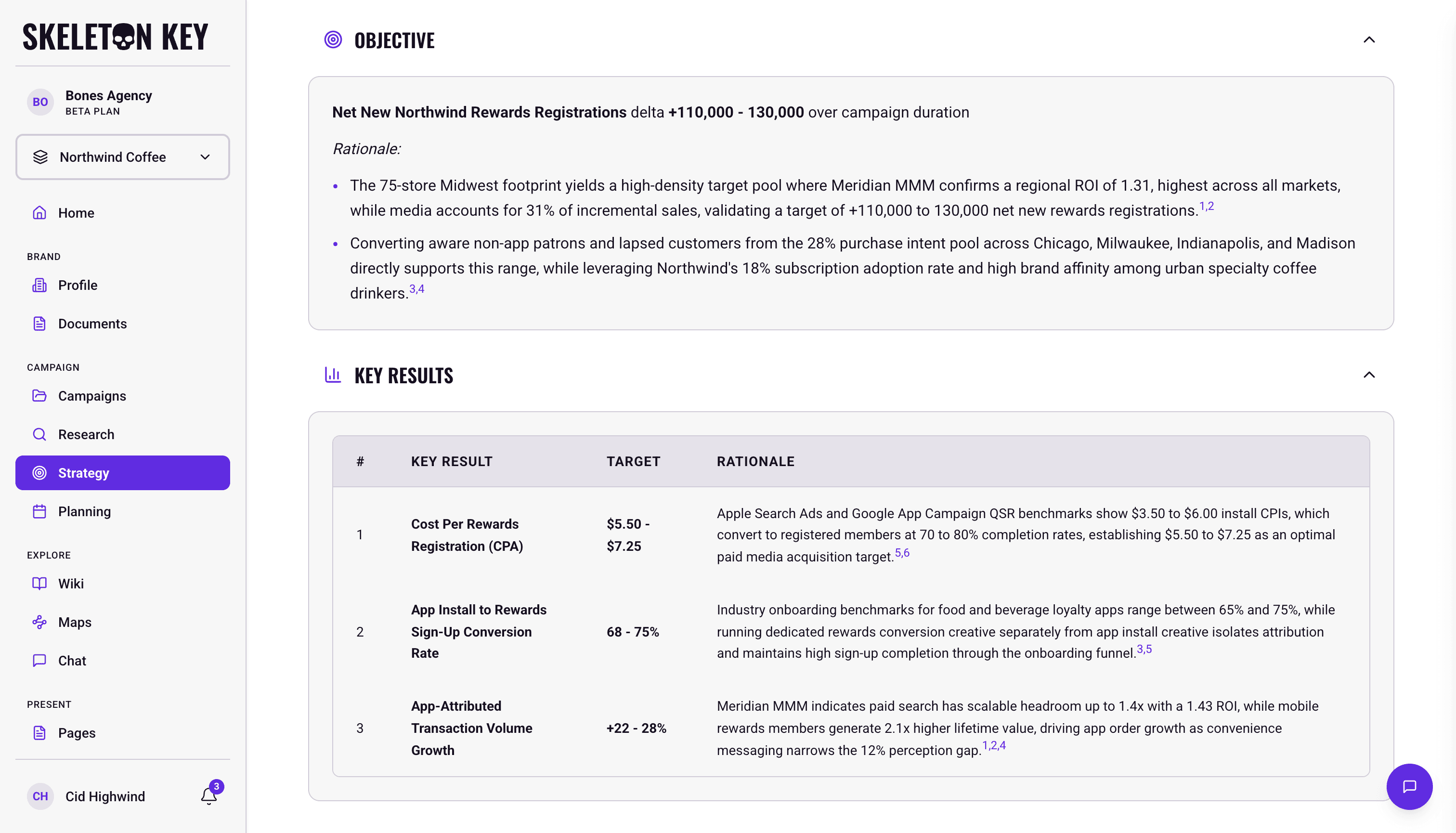 Goals Strategist output for the Northwind Coffee Summer 2026 campaign, showing the Objective section with a numeric target range and its rationale bullets, followed by a Key Results table listing three numbered results with their target ranges and the reasoning behind each