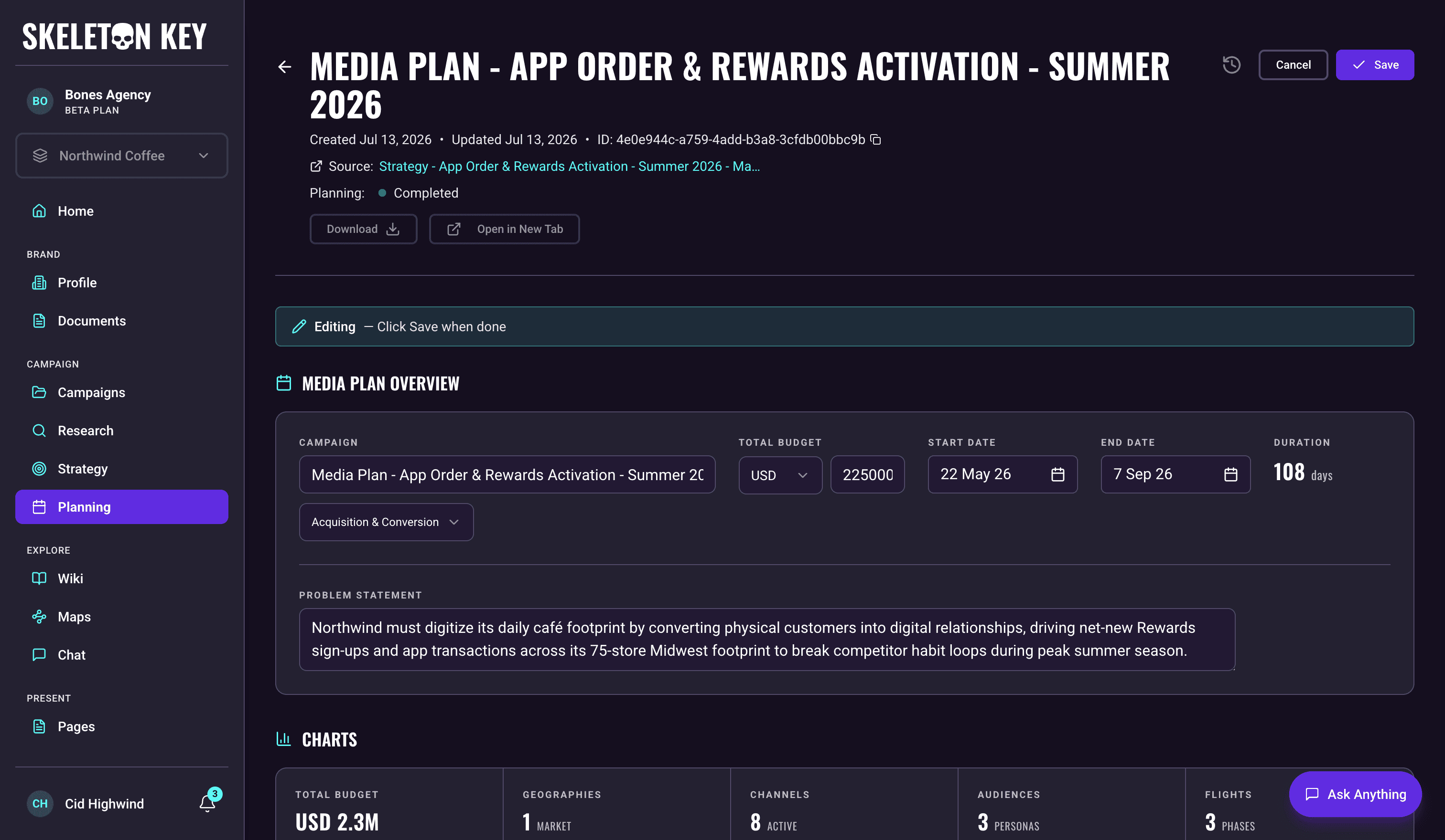 The Media Plan in edit mode, with an Editing banner above the Overview section, the campaign label, currency, budget, and date fields rendered as editable inputs, the problem statement as a textarea, and Cancel and Save buttons in the page header