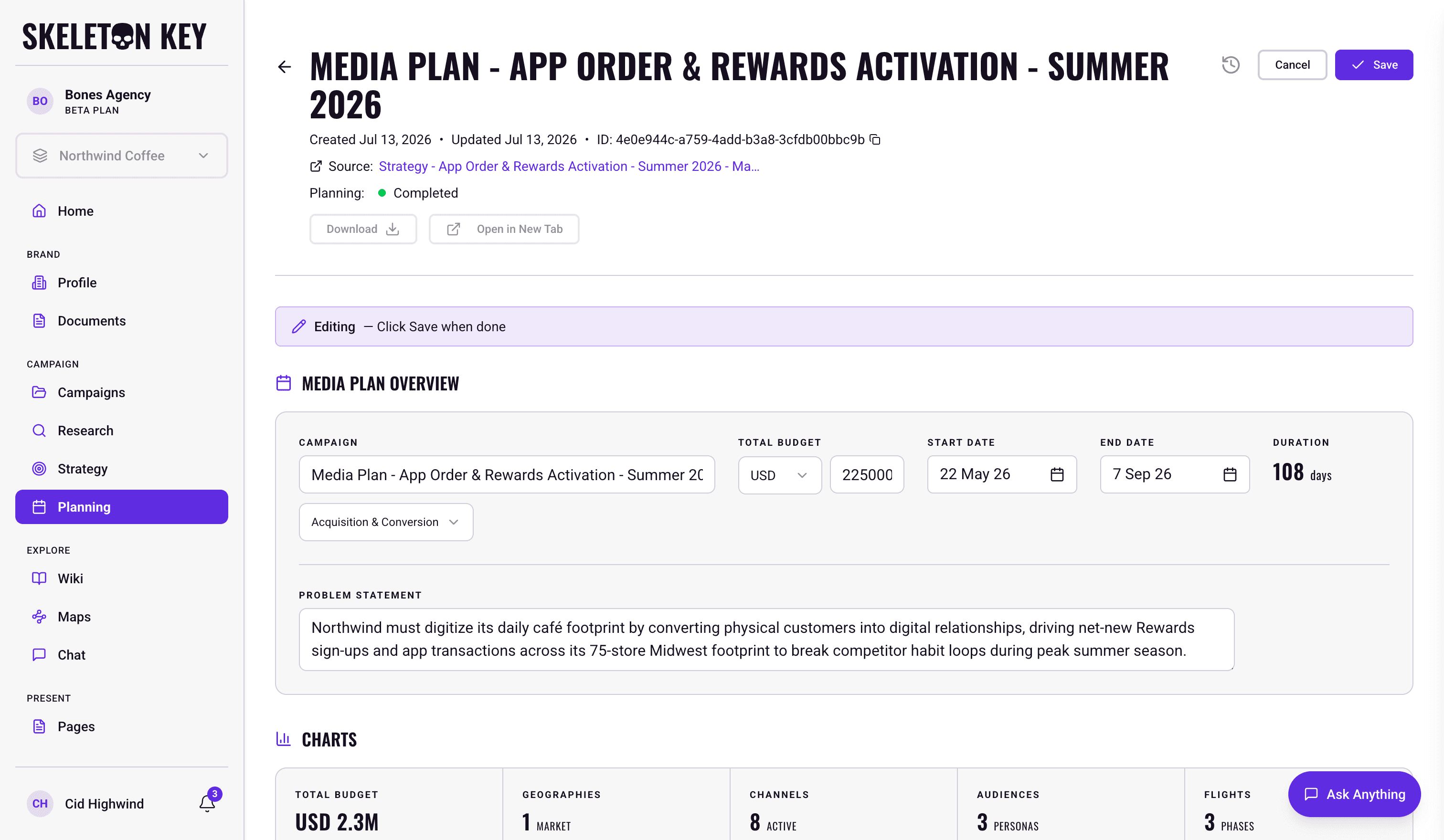 The Media Plan in edit mode, with an Editing banner above the Overview section, the campaign label, currency, budget, and date fields rendered as editable inputs, the problem statement as a textarea, and Cancel and Save buttons in the page header