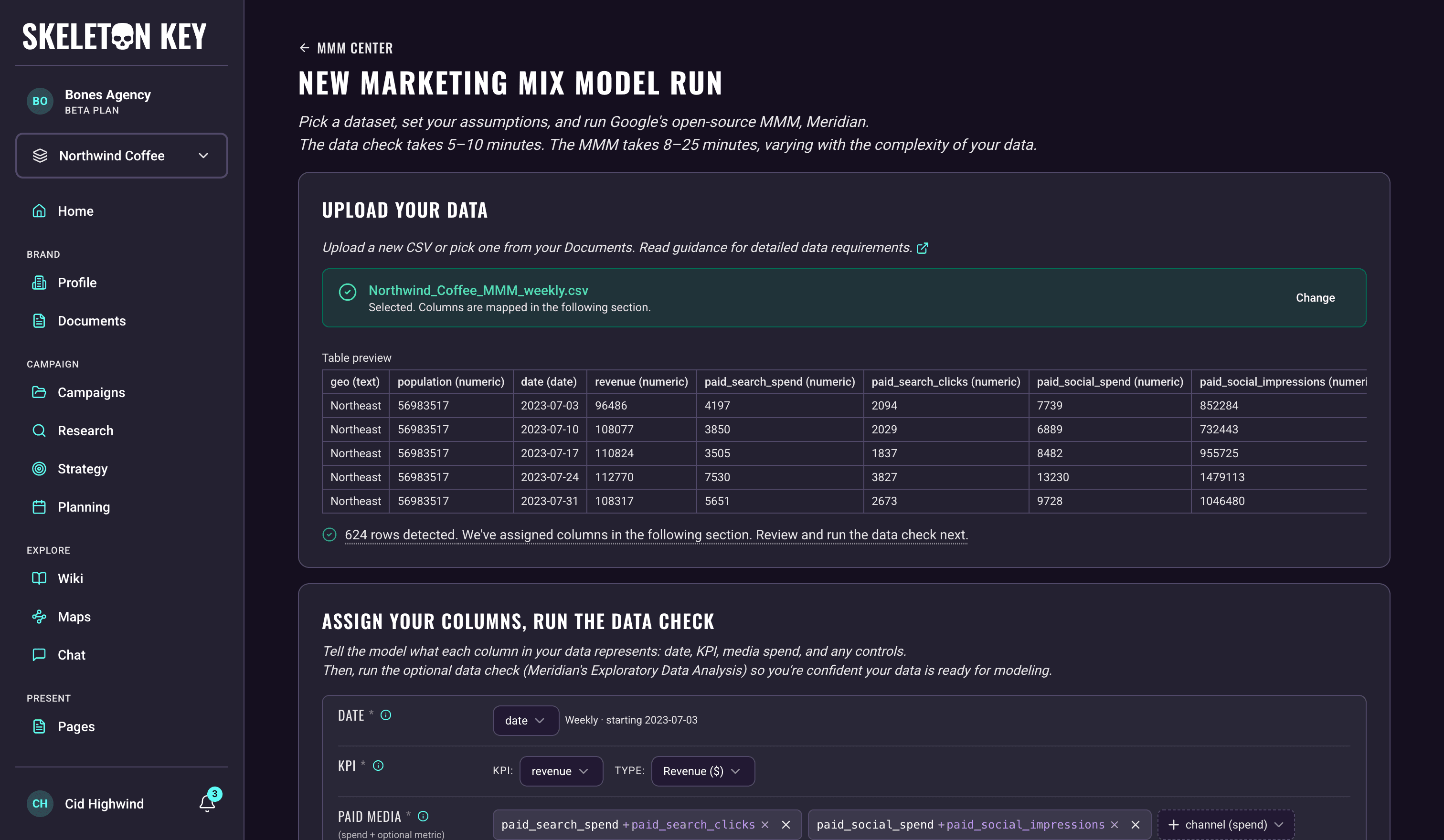The New Marketing Mix Model Run page, showing the Upload your data card with a selected CSV, a table preview of its columns, a confirmation that 624 rows were detected, and the start of the column-assignment card below