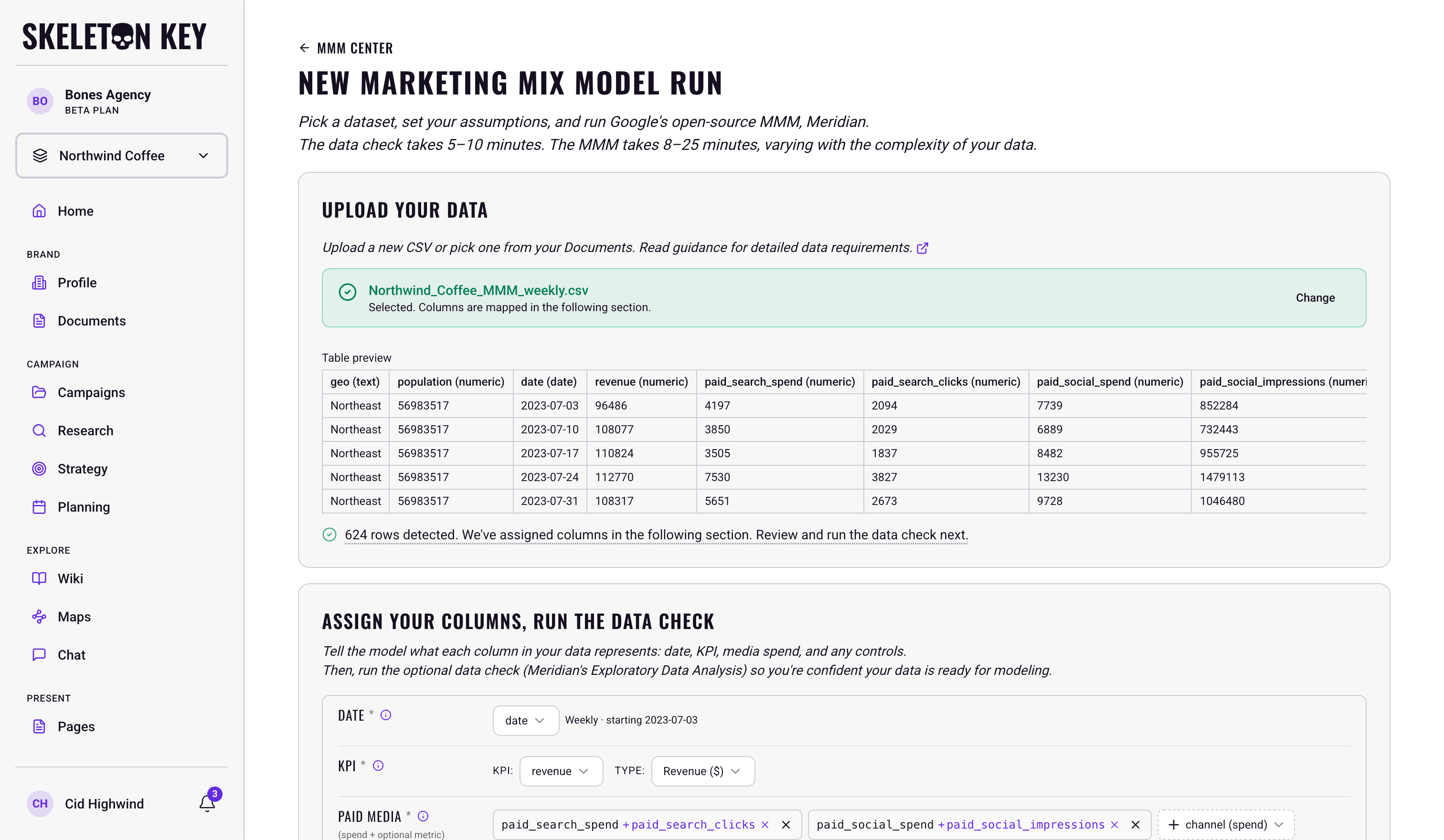 The New Marketing Mix Model Run page, showing the Upload your data card with a selected CSV, a table preview of its columns, a confirmation that 624 rows were detected, and the start of the column-assignment card below