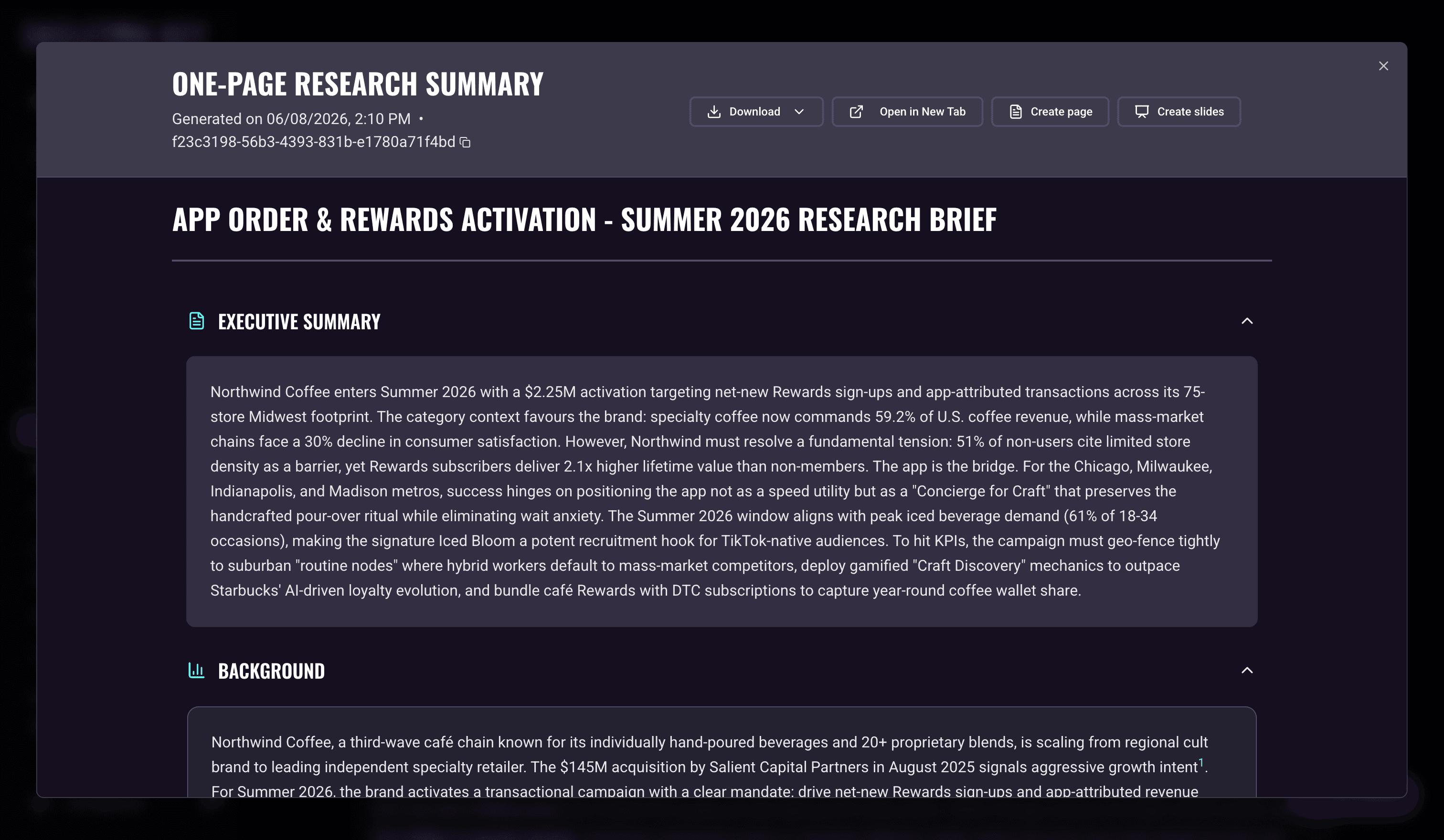 The One-Page Research Summary open in its full-screen modal, with the generation timestamp and Download, Open in New Tab, Create page, and Create slides actions in the modal toolbar, above the research brief's Executive Summary and the start of its Background section
