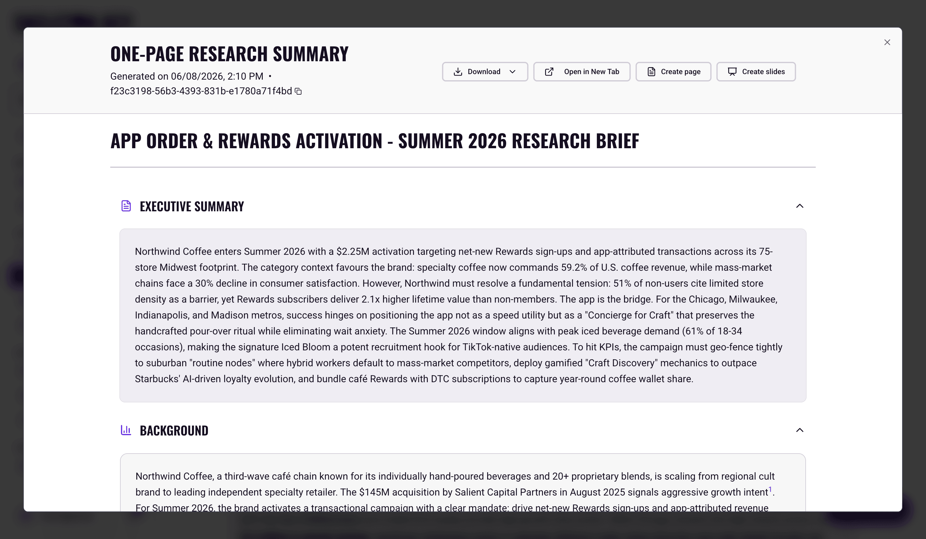 The One-Page Research Summary open in its full-screen modal, with the generation timestamp and Download, Open in New Tab, Create page, and Create slides actions in the modal toolbar, above the research brief's Executive Summary and the start of its Background section