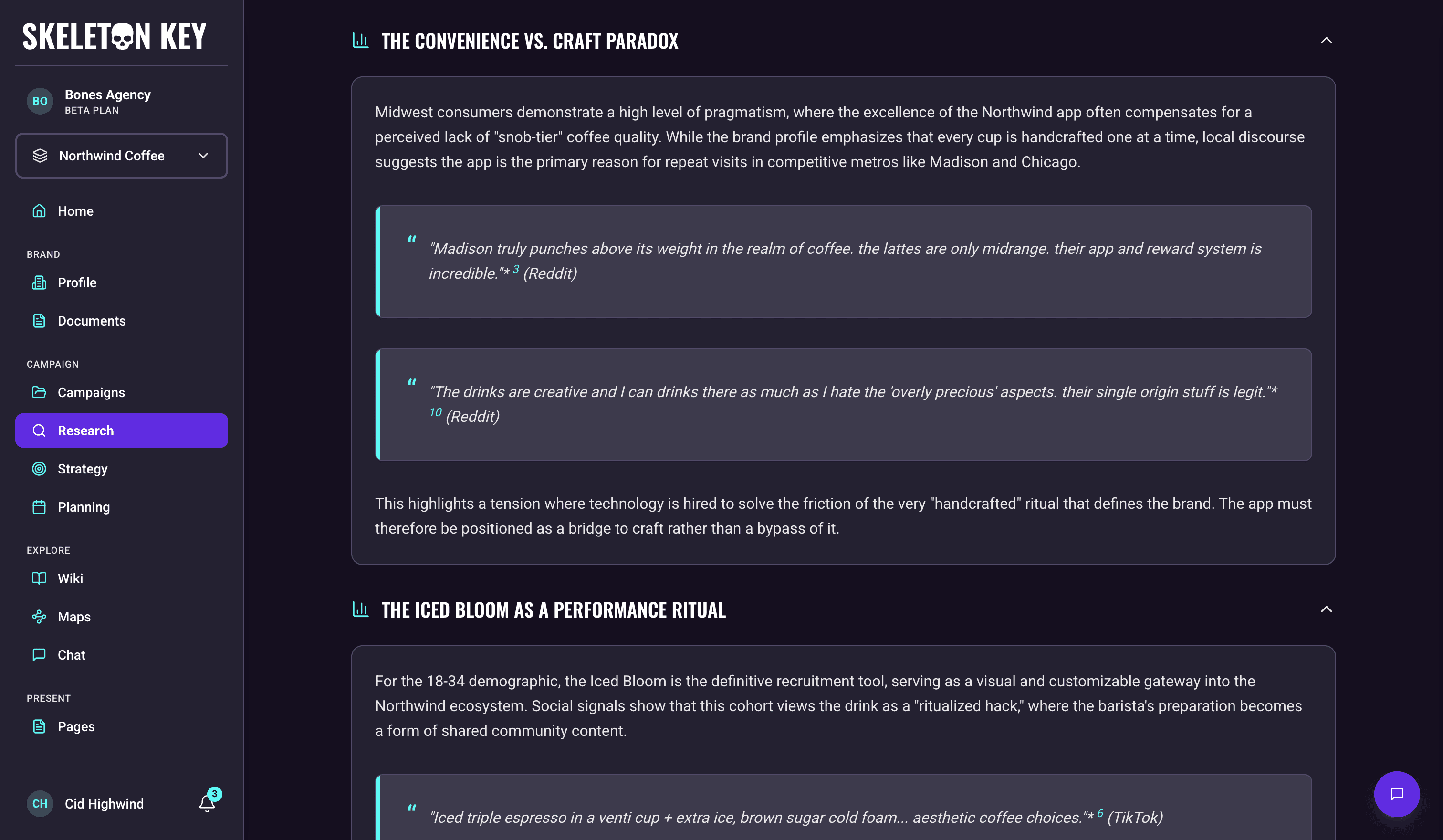 Social Analyst output for the Northwind Coffee Summer 2026 campaign, showing a themed insight section with a short read of the tension followed by two pulled quotes attributed to Reddit, and the start of a second theme quoting TikTok