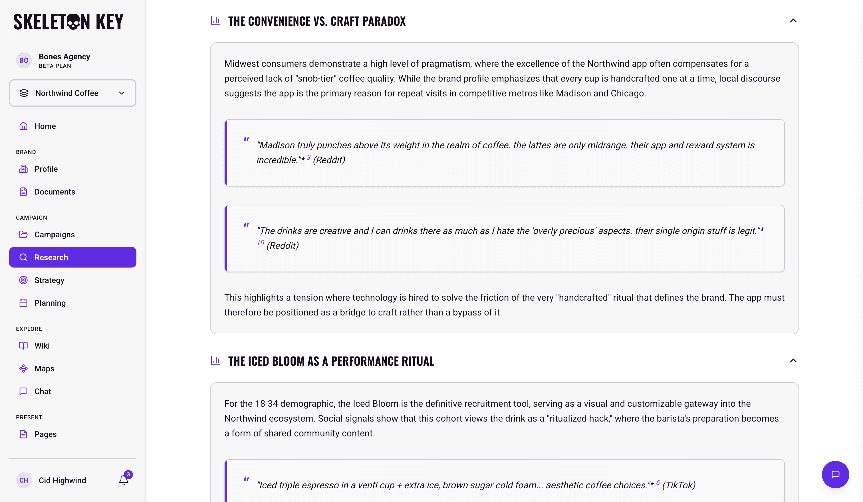 Social Analyst output for the Northwind Coffee Summer 2026 campaign, showing a themed insight section with a short read of the tension followed by two pulled quotes attributed to Reddit, and the start of a second theme quoting TikTok