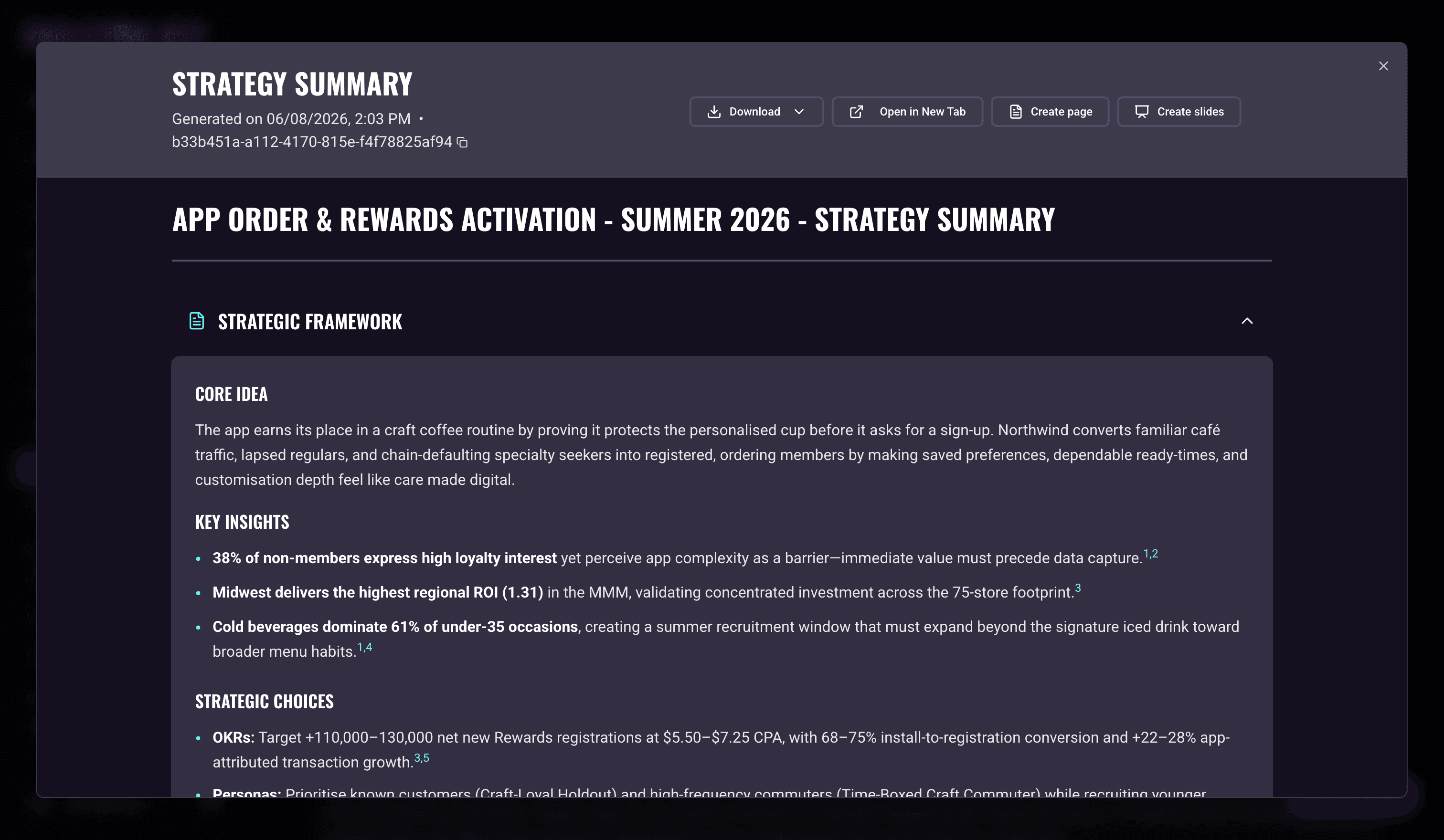 The Strategy Summary open in its full-screen modal, with the generation timestamp and Download, Open in New Tab, Create page, and Create slides actions in the modal toolbar, above the Strategic Framework section showing the Core Idea, three Key Insights, and the start of the Strategic Choices list