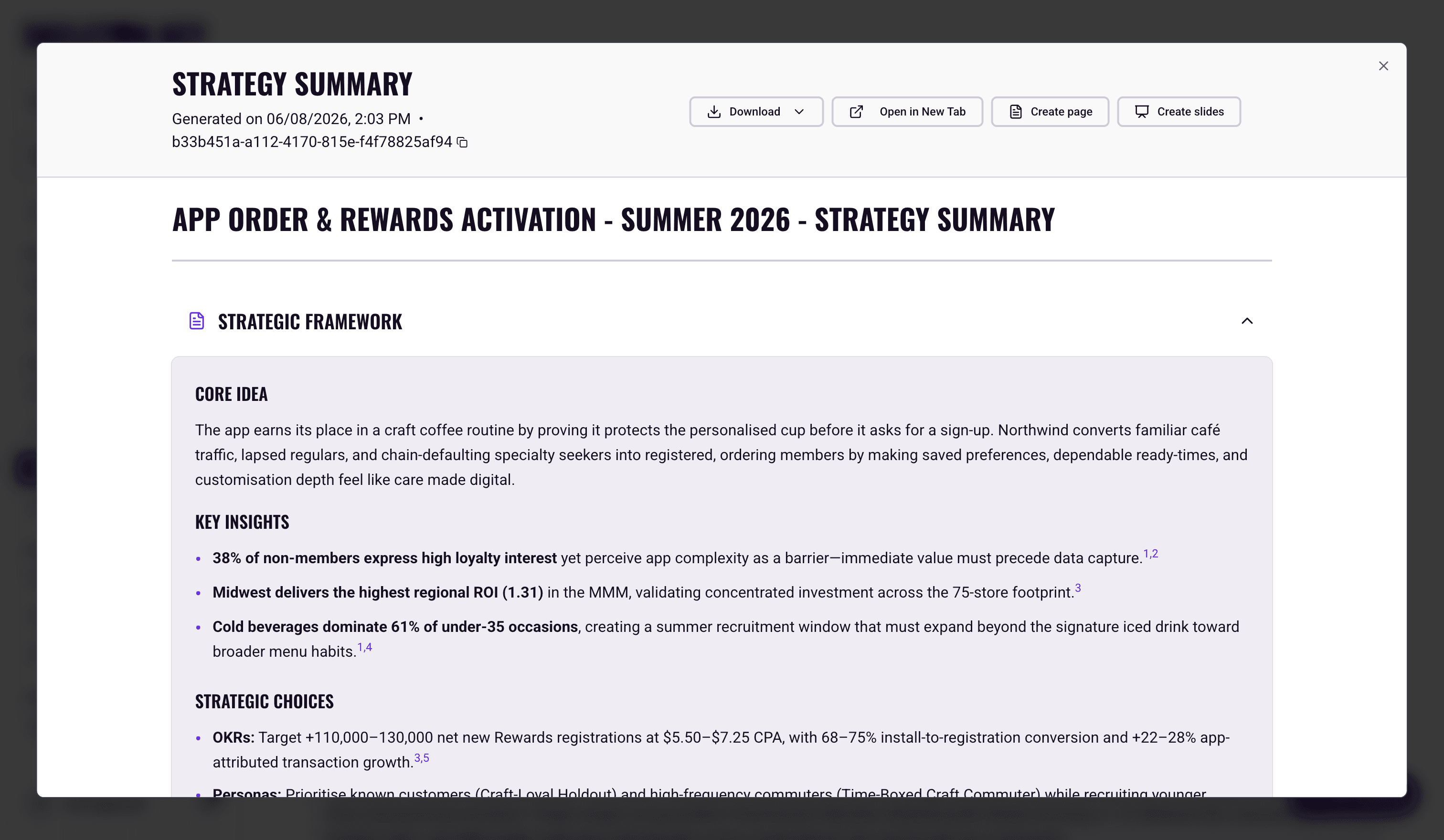 The Strategy Summary open in its full-screen modal, with the generation timestamp and Download, Open in New Tab, Create page, and Create slides actions in the modal toolbar, above the Strategic Framework section showing the Core Idea, three Key Insights, and the start of the Strategic Choices list