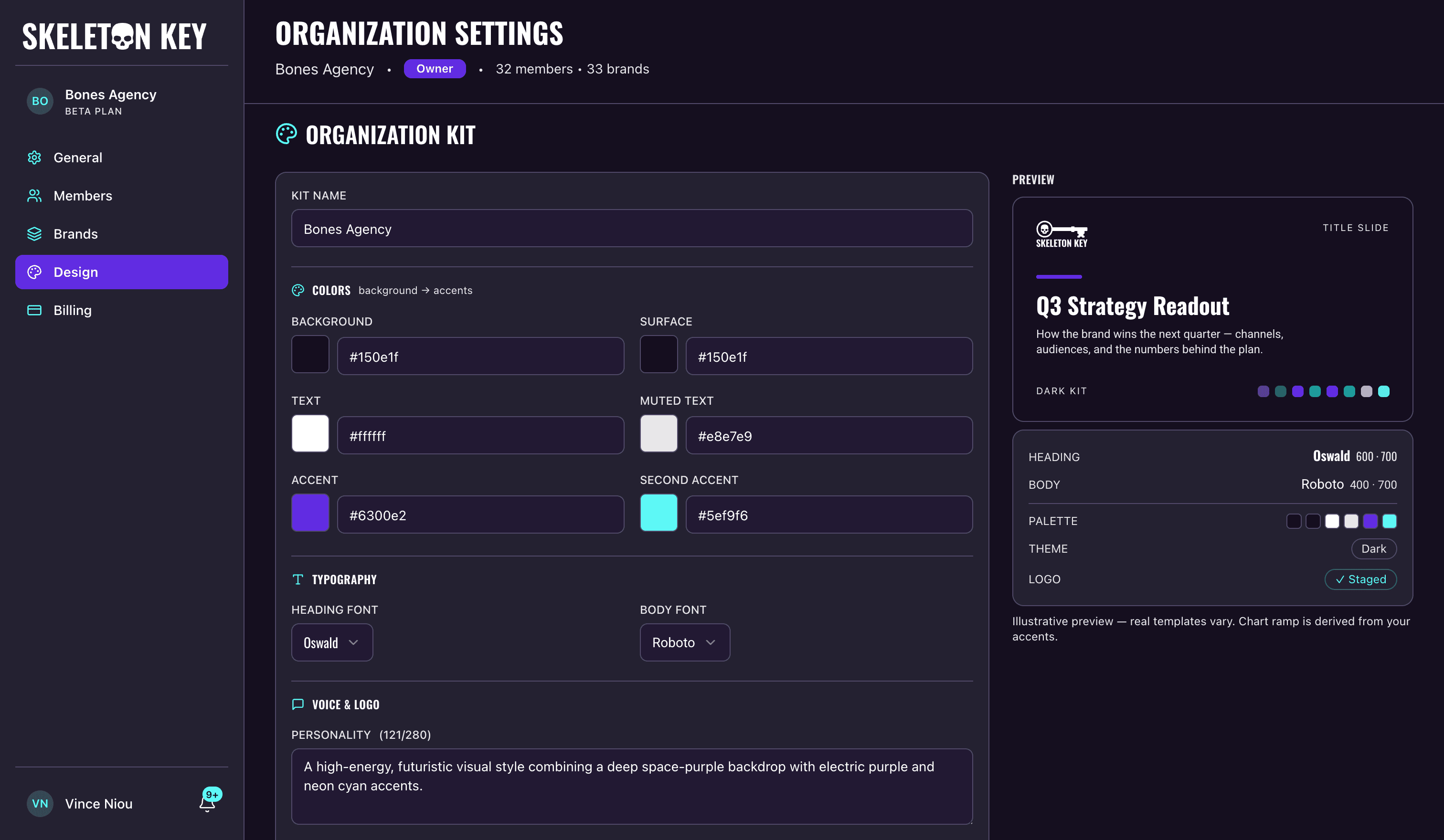 Skeleton Key Organization Kit editor for Bones Agency showing editable colors and Google Fonts alongside a live dark-theme slide preview with palette, typography, and staged logo details