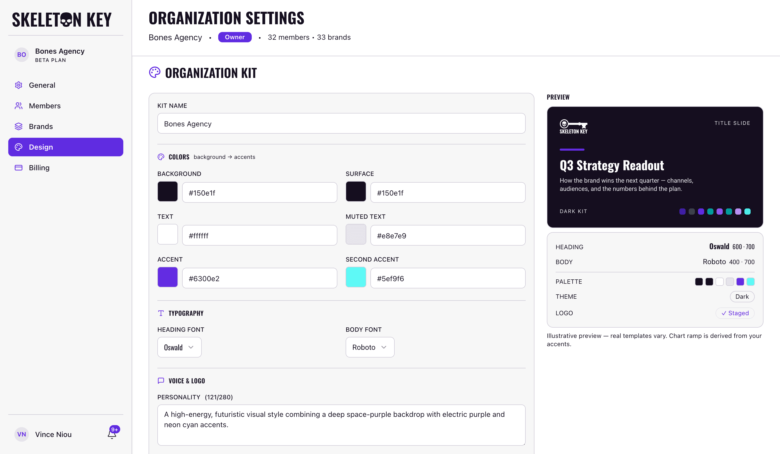 Skeleton Key Organization Kit editor for Bones Agency showing editable colors and Google Fonts alongside a live dark-theme slide preview with palette, typography, and staged logo details