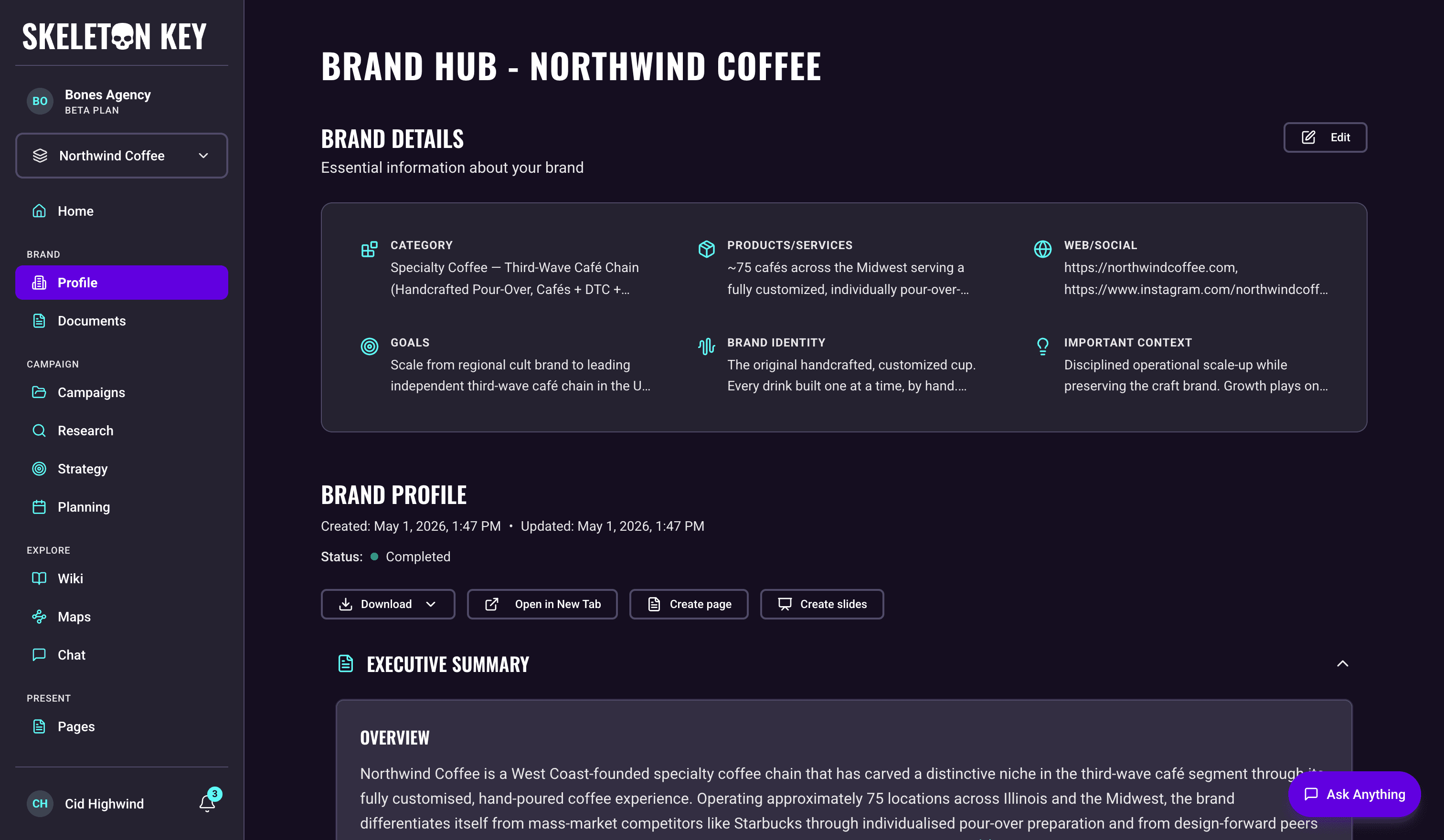 Skeleton Key Brand Profile page for Northwind Coffee showing the Brand Details card with category, products, web and social links, goals, brand identity, and important context, then the generated Brand Profile with its status line, the Download, Open in New Tab, Create page, and Create slides actions, and the opening of the Executive Summary
