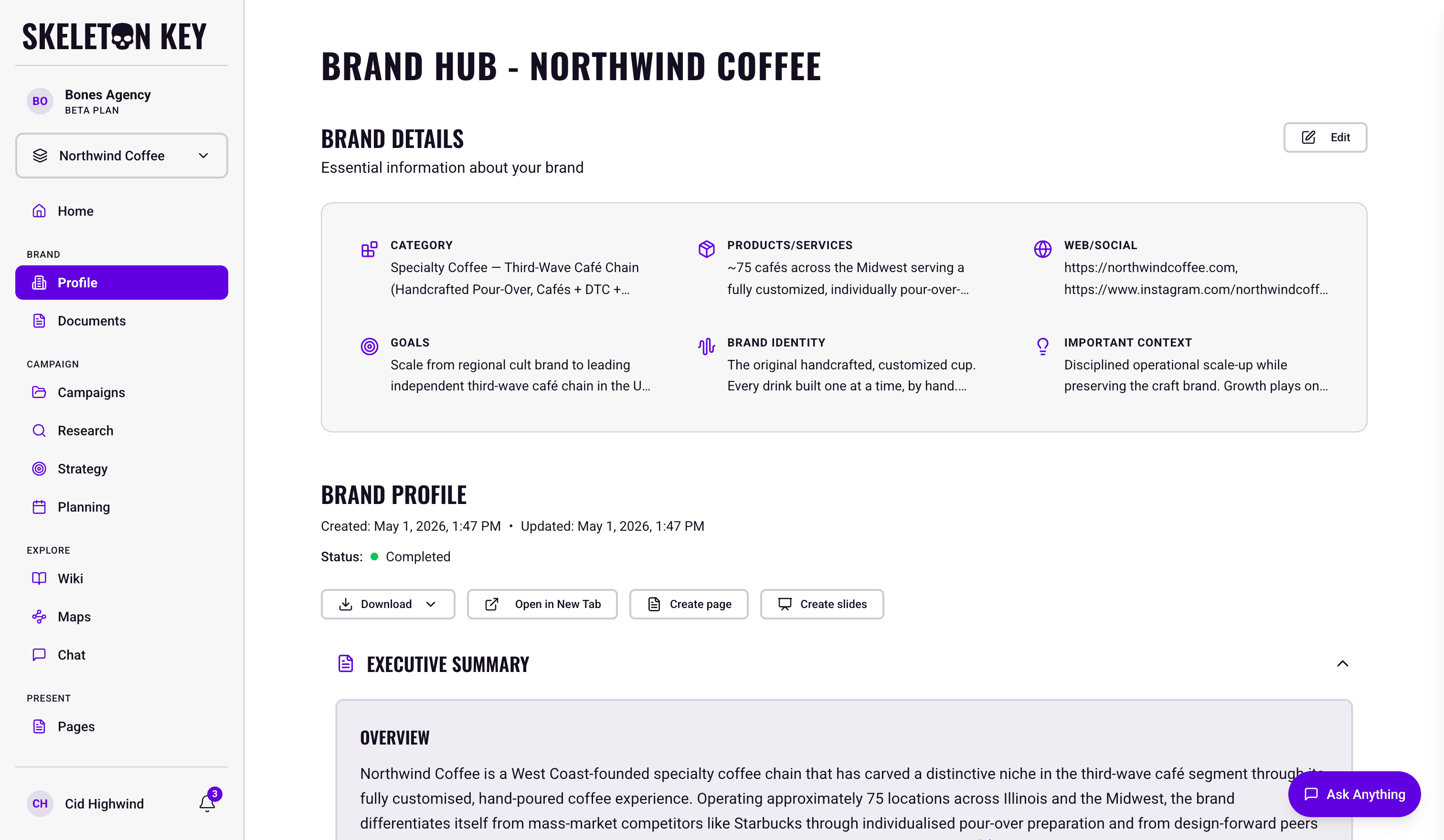 Skeleton Key Brand Profile page for Northwind Coffee showing the Brand Details card with category, products, web and social links, goals, brand identity, and important context, then the generated Brand Profile with its status line, the Download, Open in New Tab, Create page, and Create slides actions, and the opening of the Executive Summary
