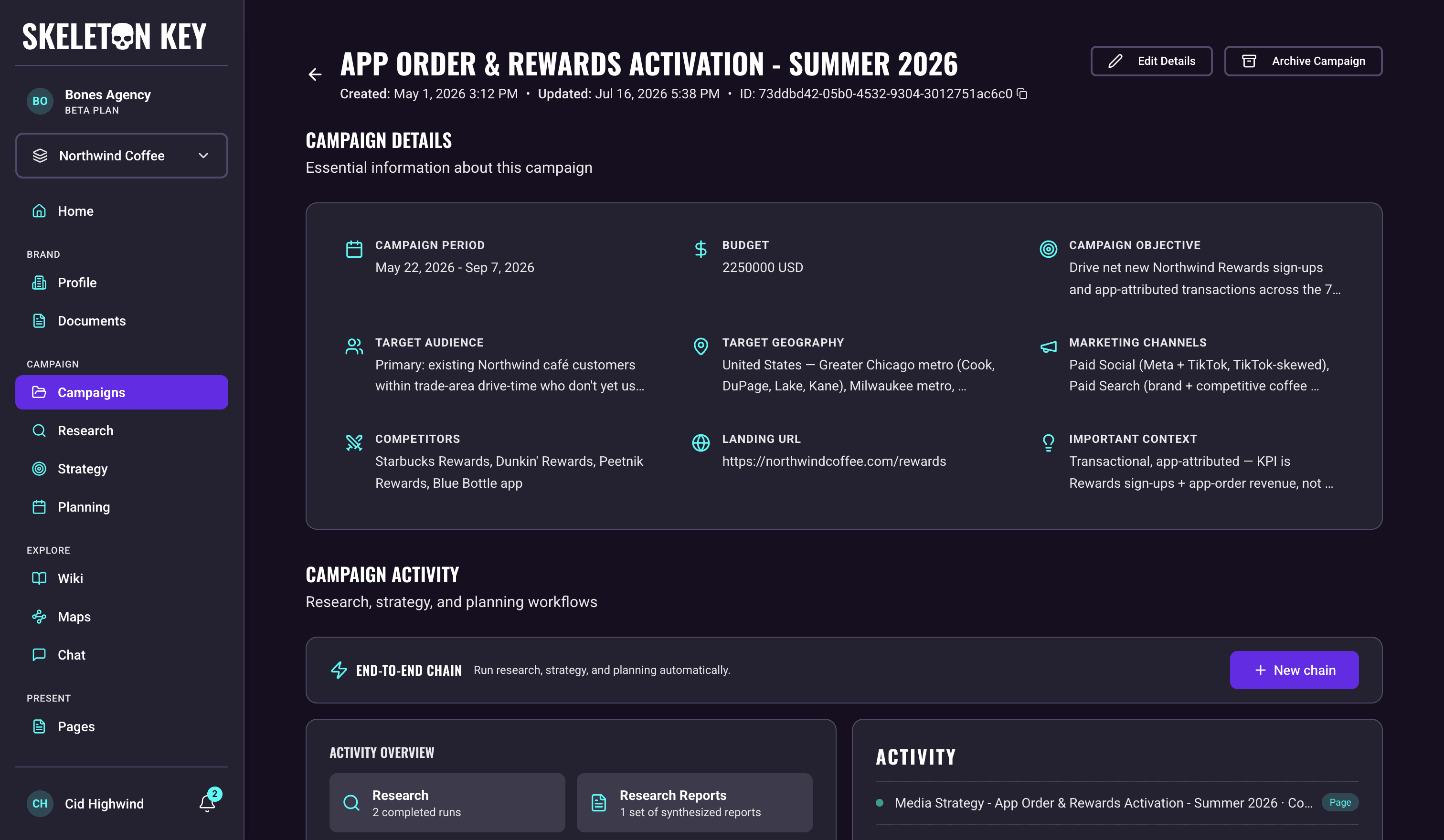 Skeleton Key campaign detail page for App Order & Rewards Activation - Summer 2026, showing the Campaign Details card with period, budget, objective, target audience, geography, channels, competitors, and landing URL, and the Campaign Activity section below it with the end-to-end chain row, activity overview cards, and the activity feed