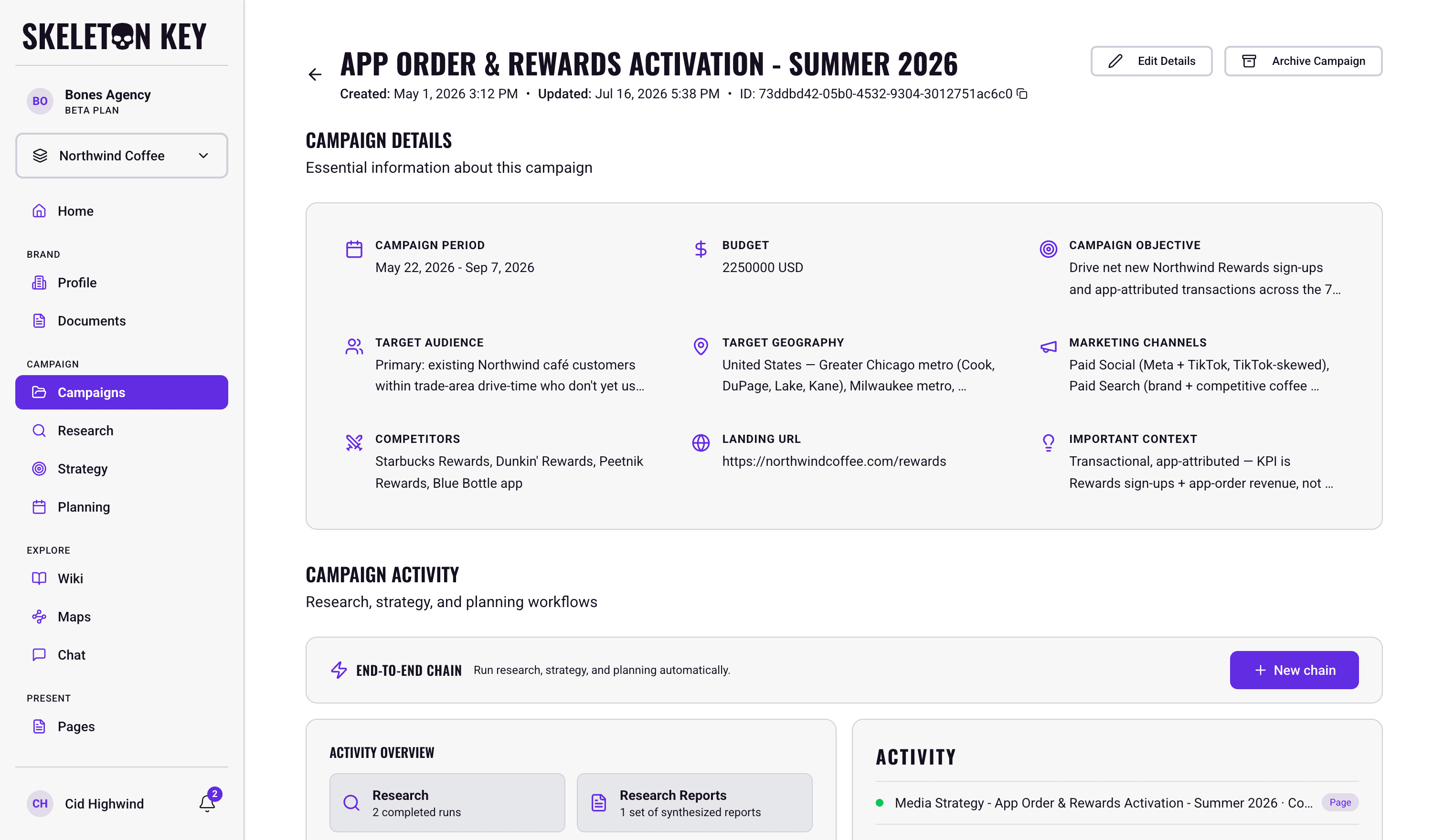 Skeleton Key campaign detail page for App Order & Rewards Activation - Summer 2026, showing the Campaign Details card with period, budget, objective, target audience, geography, channels, competitors, and landing URL, and the Campaign Activity section below it with the end-to-end chain row, activity overview cards, and the activity feed