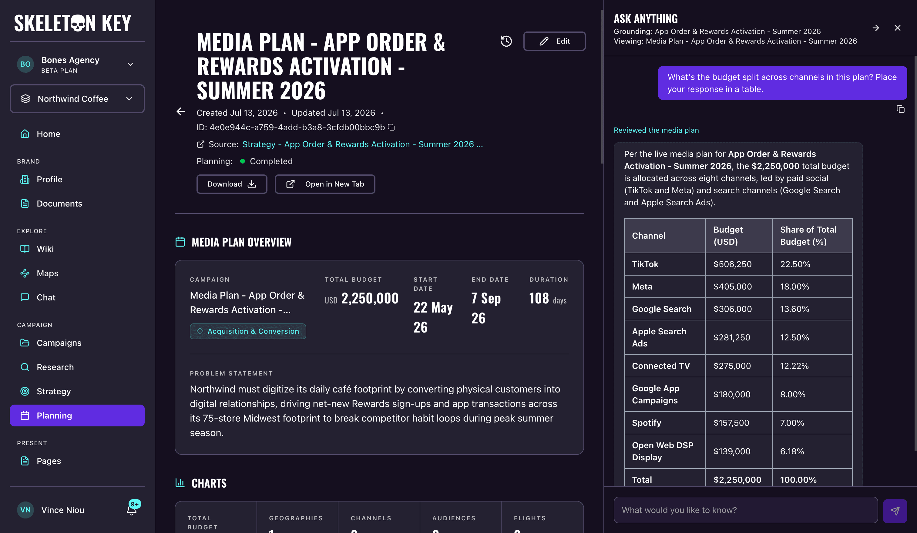 Ask Anything panel docked beside a Media Plan page, with Grounding and Viewing lines in the panel header and an answer that reads budget figures per the live media plan into a channel table