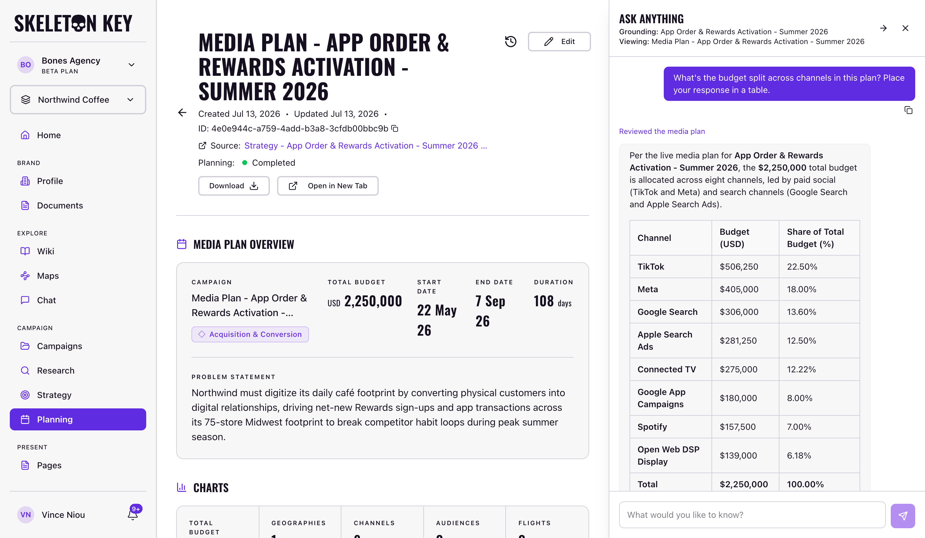 Ask Anything panel docked beside a Media Plan page, with Grounding and Viewing lines in the panel header and an answer that reads budget figures per the live media plan into a channel table