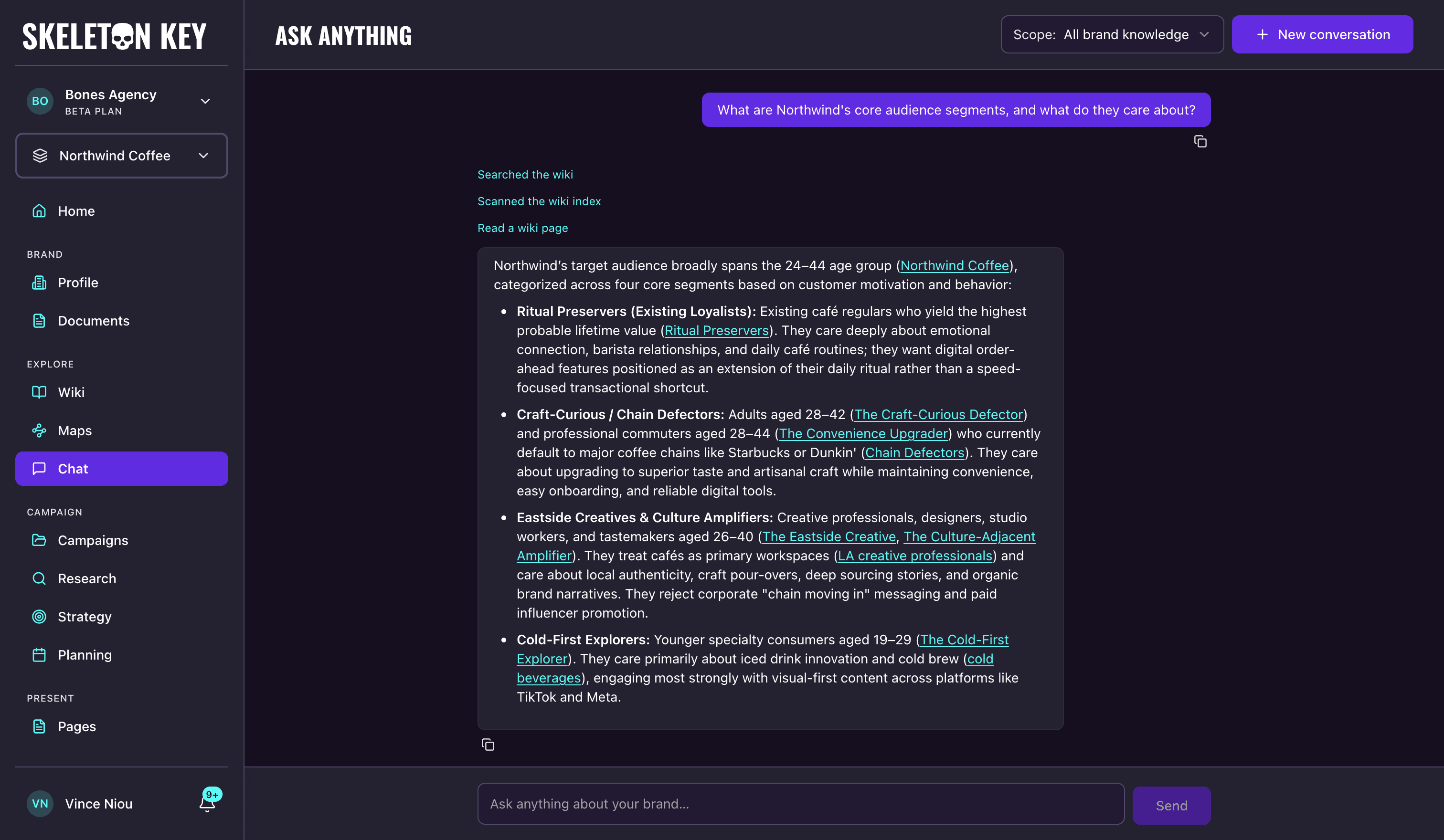 Skeleton Key Chat page titled Ask Anything with a scope selector set to All brand knowledge, a New conversation button, and an assistant answer citing wiki pages inline, with the composer reading Ask anything about your brand