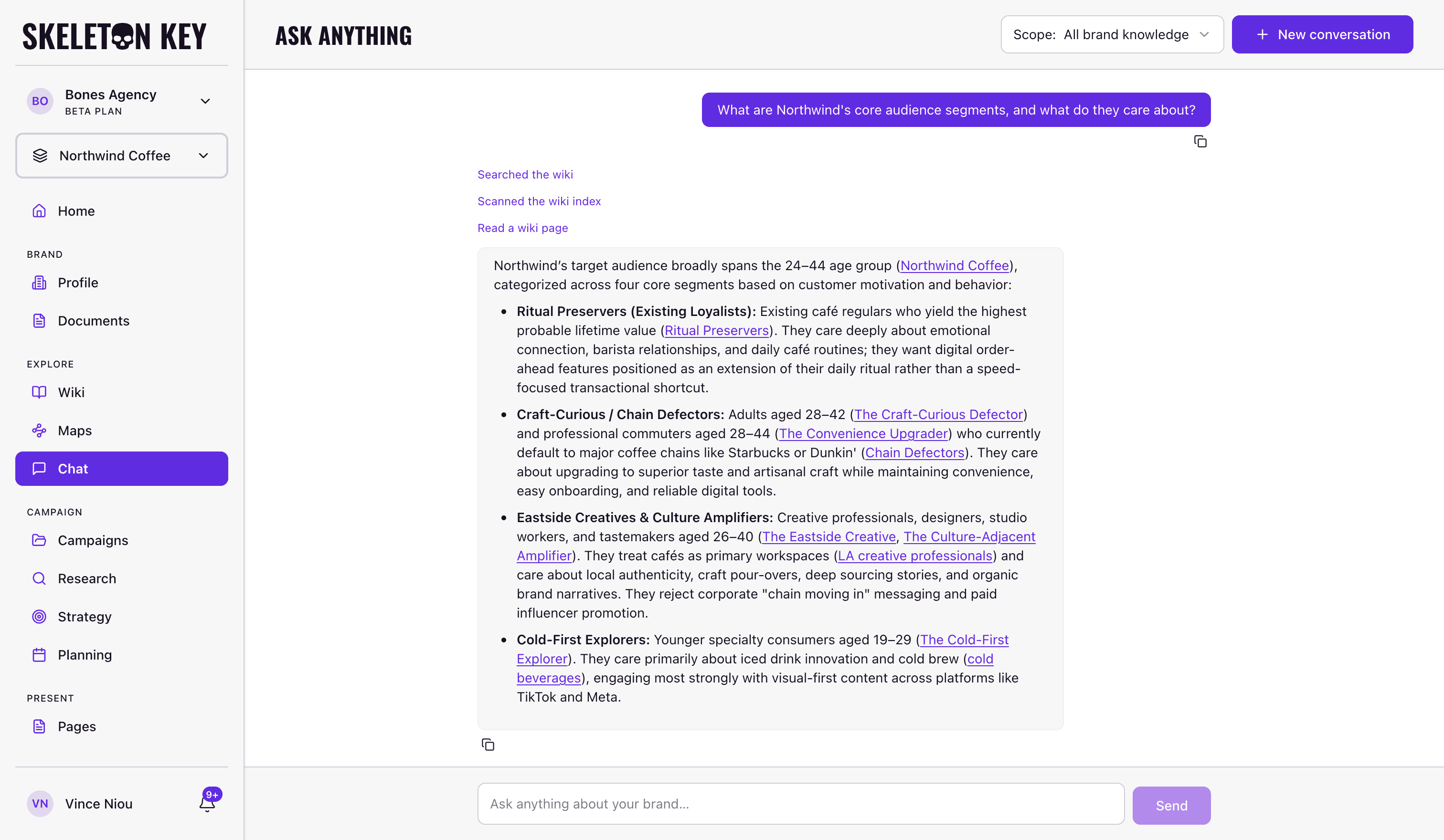 Skeleton Key Chat page titled Ask Anything with a scope selector set to All brand knowledge, a New conversation button, and an assistant answer citing wiki pages inline, with the composer reading Ask anything about your brand