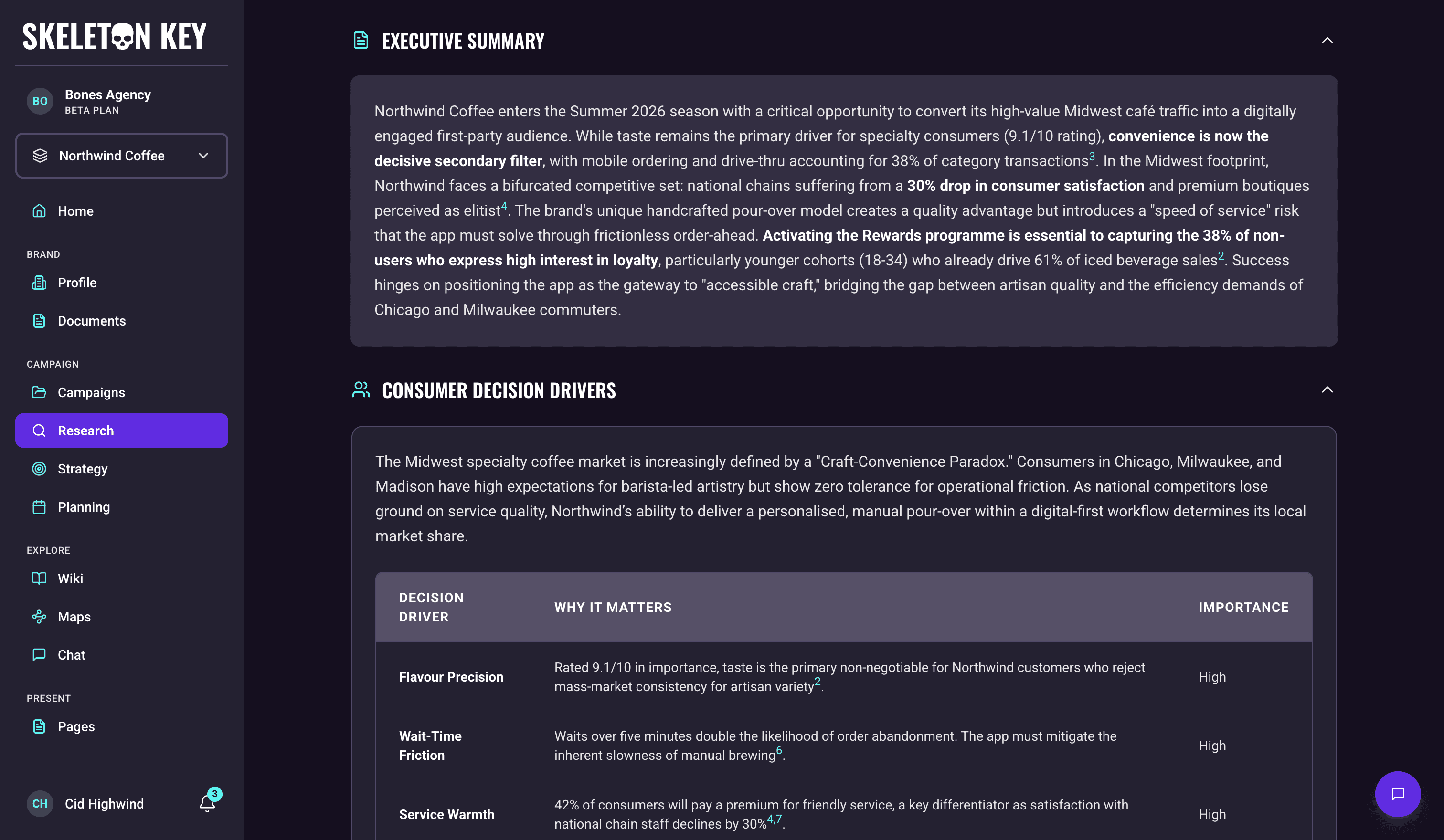 Consumer Analyst output for the Northwind Coffee Summer 2026 campaign, showing the Executive Summary followed by the Consumer Decision Drivers section, where a table lists each driver with an explanation of why it matters and an importance rating