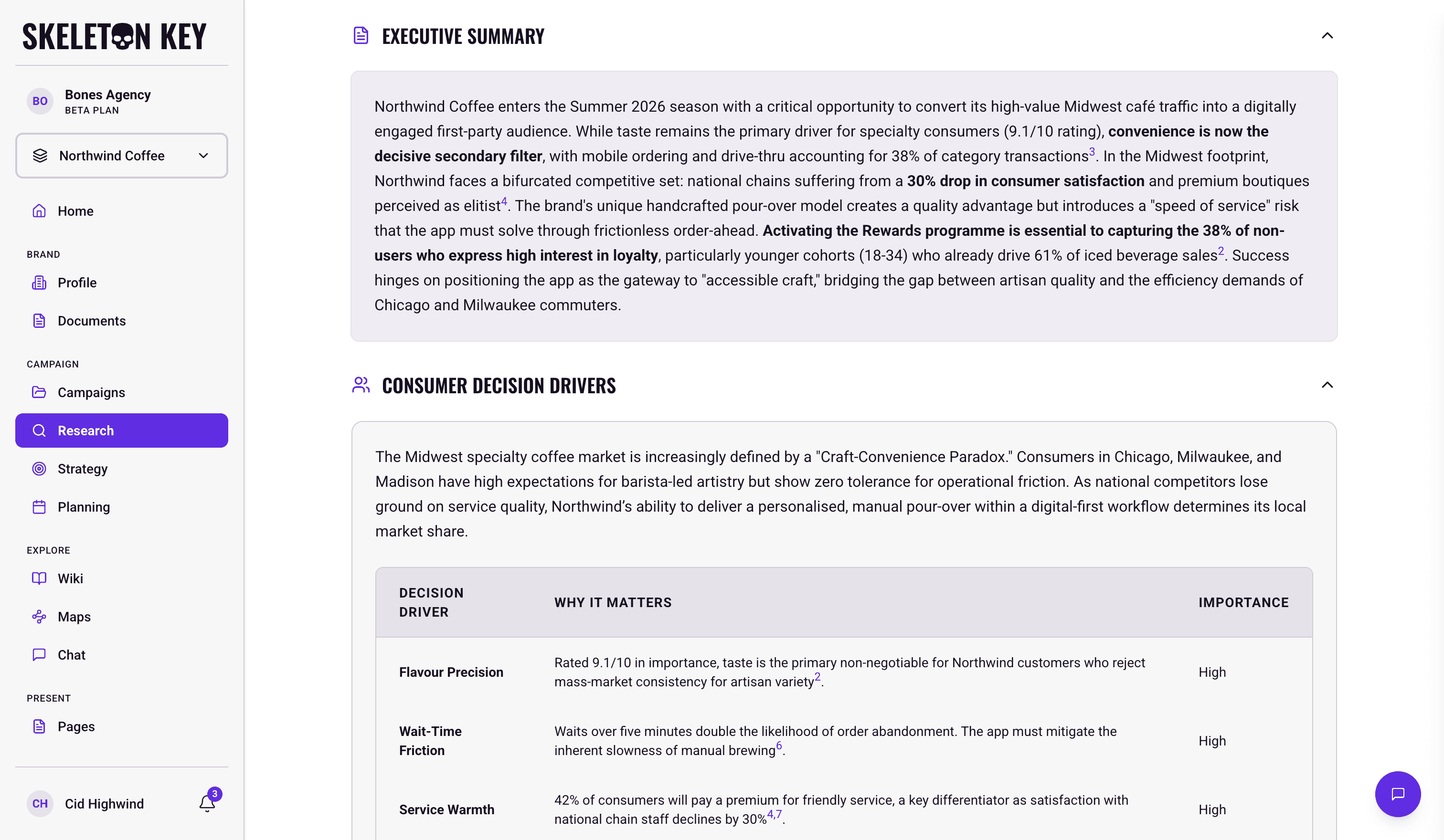 Consumer Analyst output for the Northwind Coffee Summer 2026 campaign, showing the Executive Summary followed by the Consumer Decision Drivers section, where a table lists each driver with an explanation of why it matters and an importance rating
