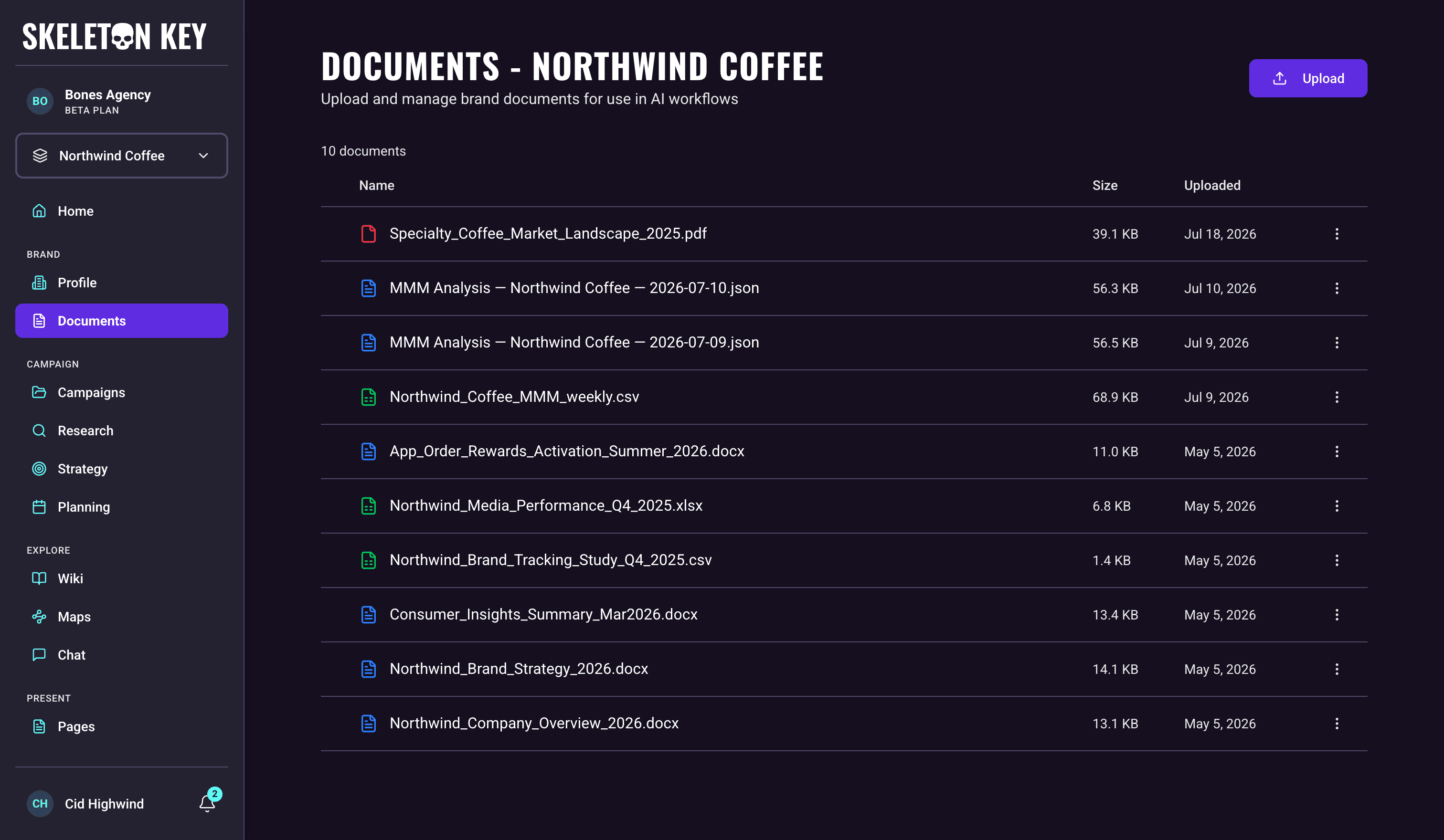 Skeleton Key Documents page for the Northwind Coffee brand showing a ten-file library with an Upload button at the top right, each row listing filename, file size, and upload date across PDFs, Word documents, spreadsheets, and saved MMM analysis files, with a three-dot row menu for rename, download, and delete actions