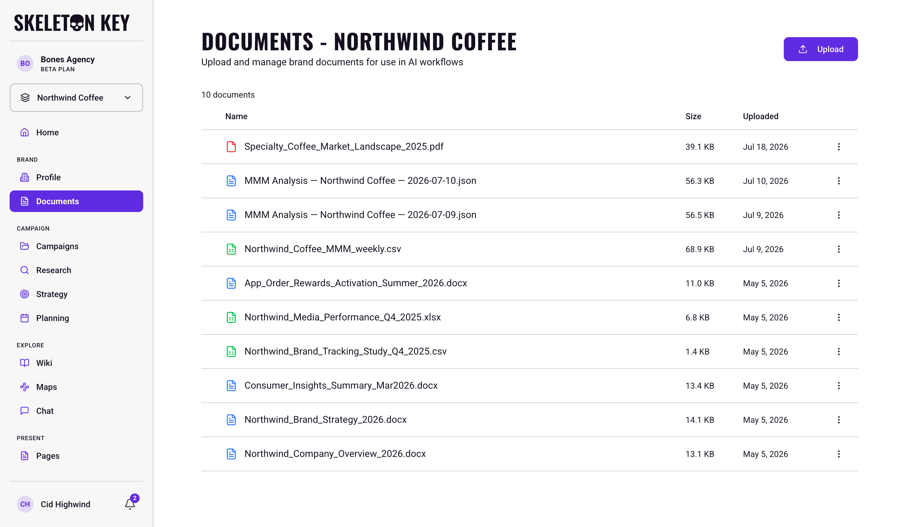 Skeleton Key Documents page for the Northwind Coffee brand showing a ten-file library with an Upload button at the top right, each row listing filename, file size, and upload date across PDFs, Word documents, spreadsheets, and saved MMM analysis files, with a three-dot row menu for rename, download, and delete actions