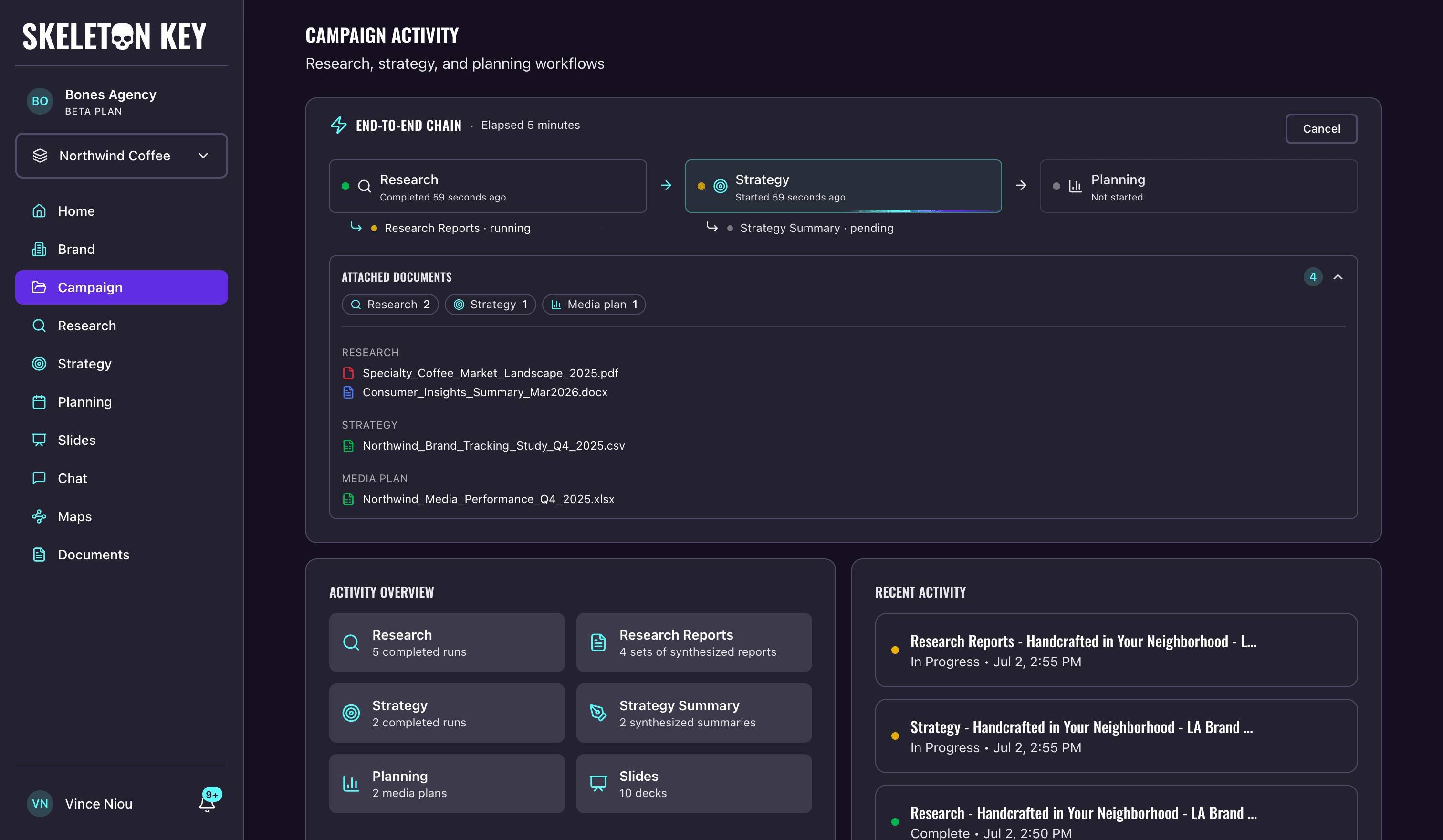Skeleton Key end-to-end chain card running on a campaign page, showing Research complete, Strategy in progress, and Planning not started as phase cards, with Research Reports and Strategy Summary sub-statuses and an Attached Documents panel grouping files by phase