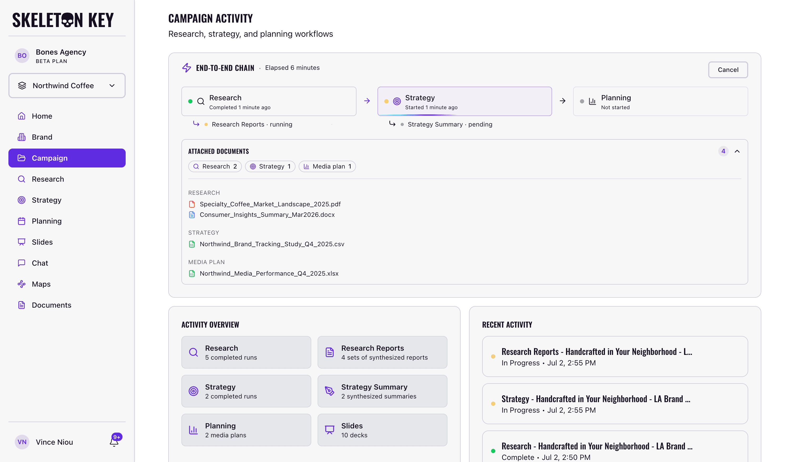 Skeleton Key end-to-end chain card running on a campaign page, showing Research complete, Strategy in progress, and Planning not started as phase cards, with Research Reports and Strategy Summary sub-statuses and an Attached Documents panel grouping files by phase