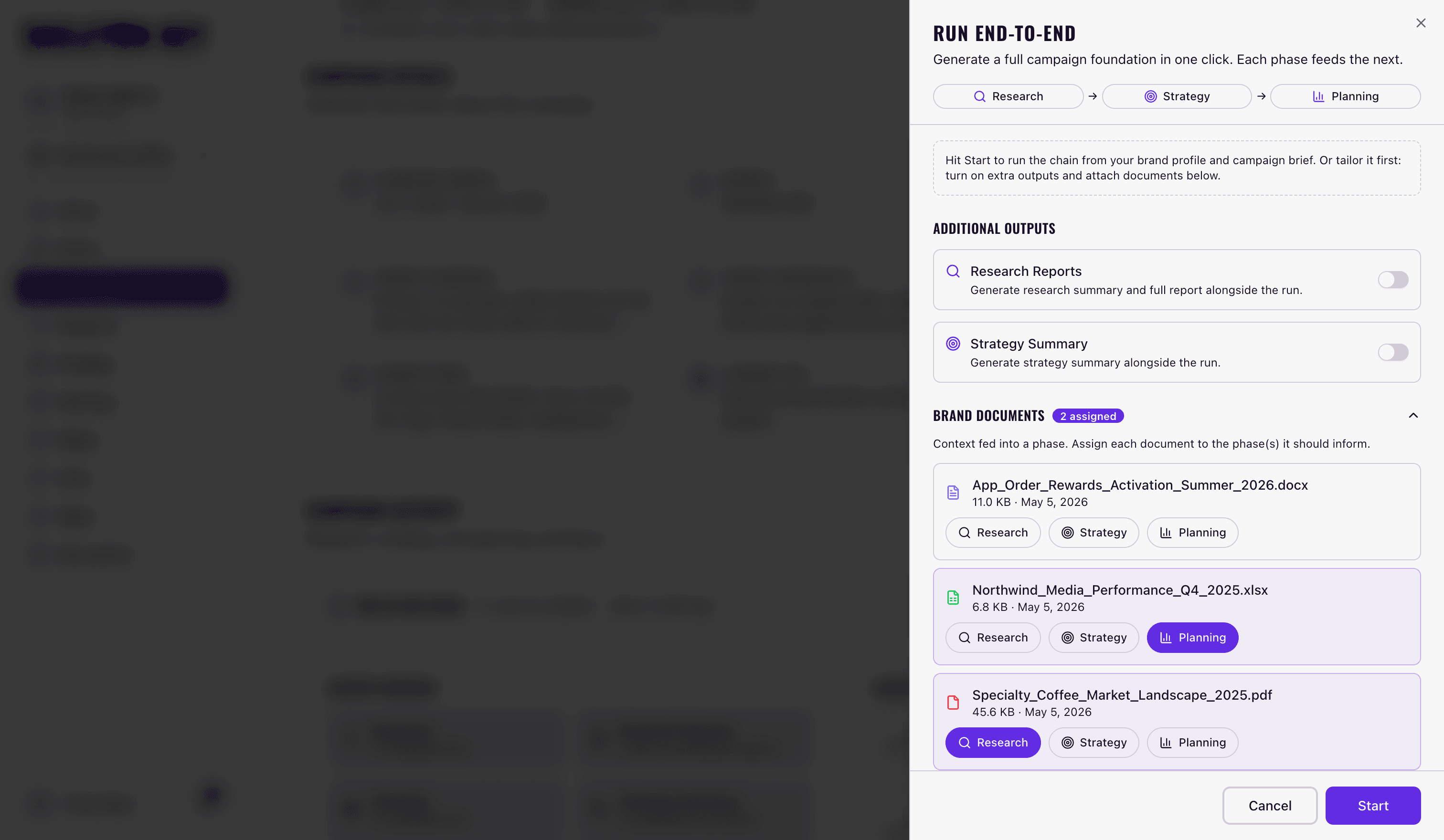 Skeleton Key Run end-to-end panel showing the Research to Strategy to Planning flow, toggles for generating Research Reports and a Strategy Summary, and a Brand Documents list where each file is assigned to the Research, Strategy, or Planning phase