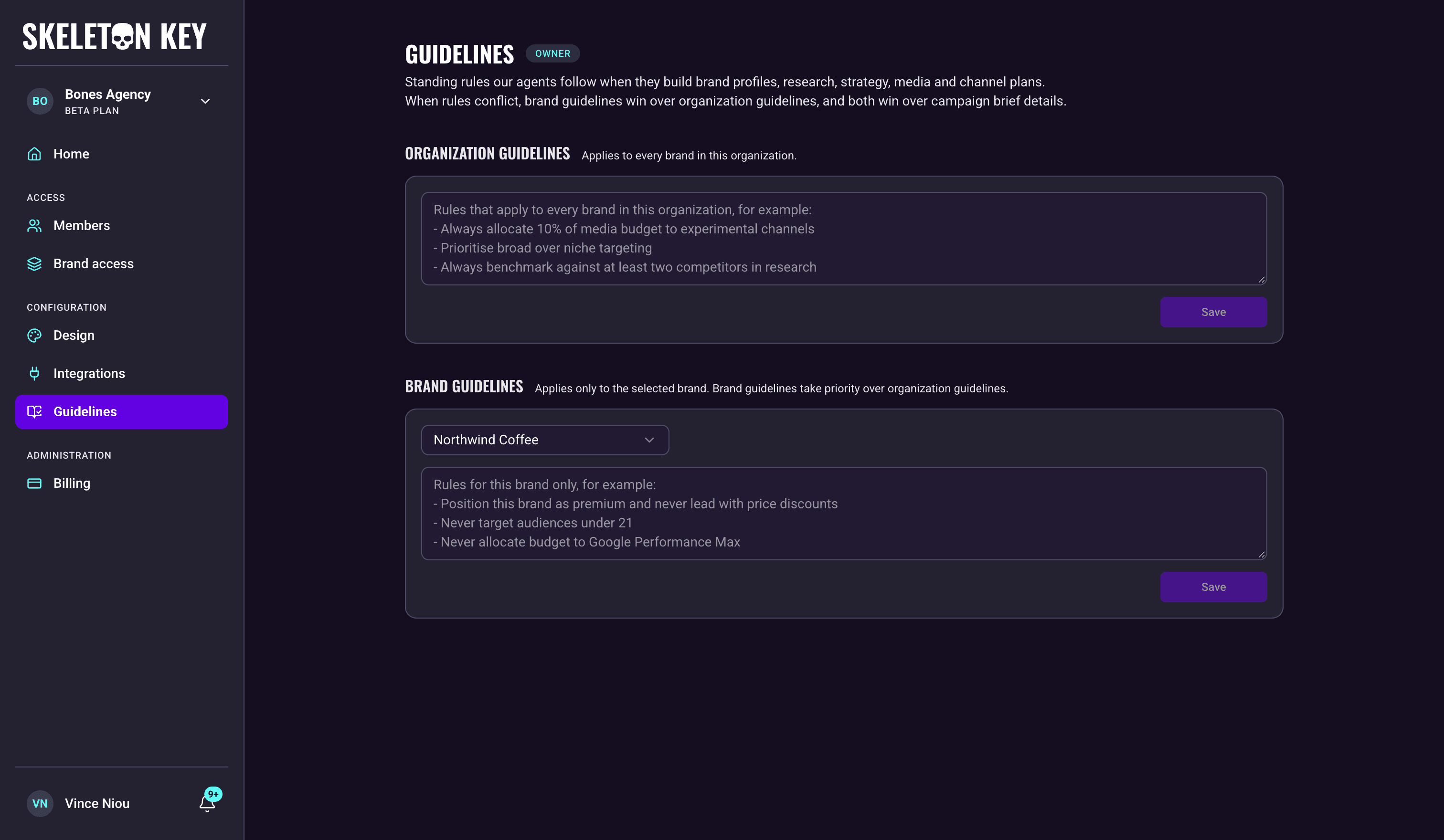 Skeleton Key Guidelines page with an Organization guidelines card holding a free-text rules box and a Save button, and a Brand guidelines card below it with a brand picker and its own rules box