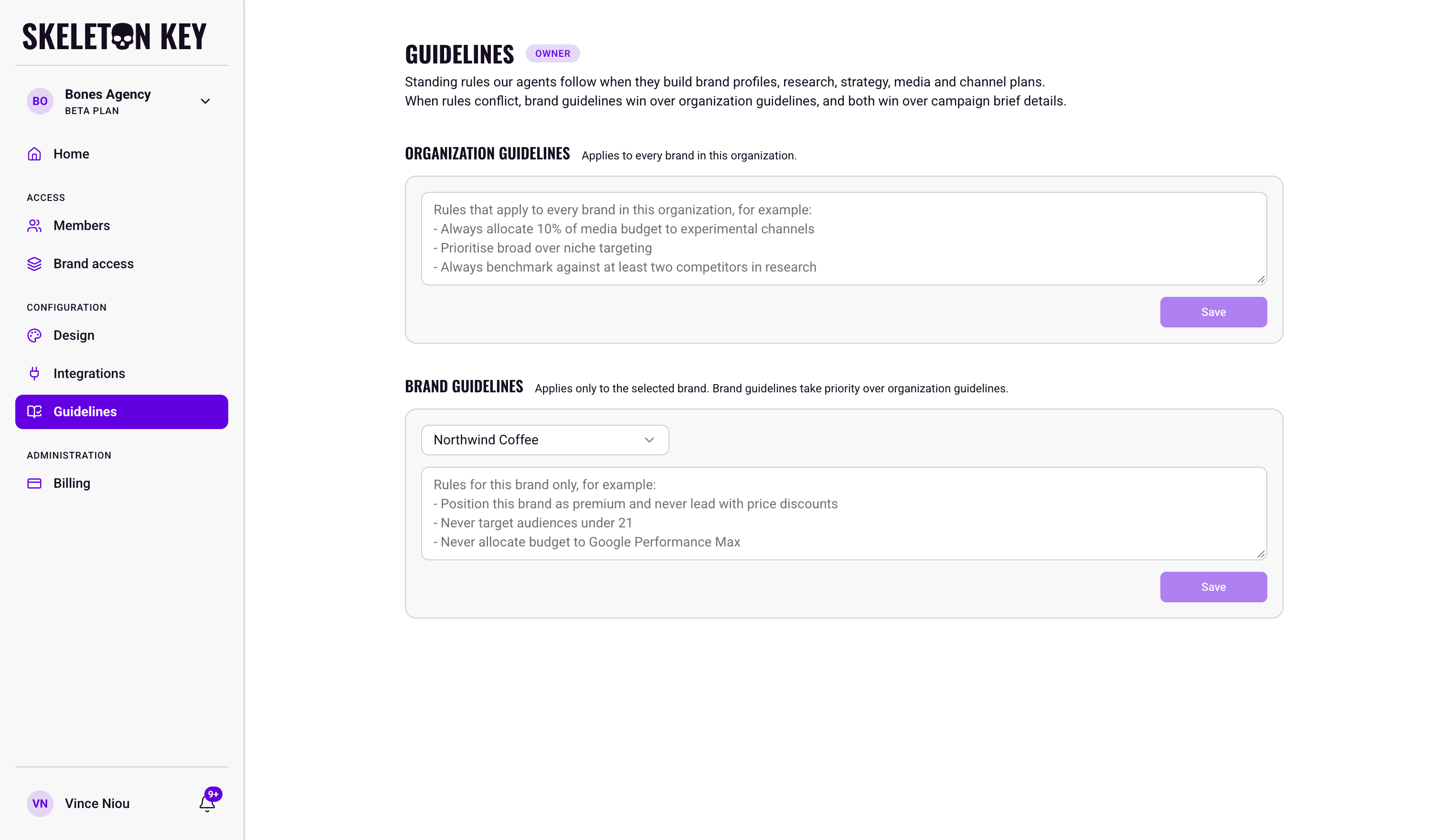 Skeleton Key Guidelines page with an Organization guidelines card holding a free-text rules box and a Save button, and a Brand guidelines card below it with a brand picker and its own rules box