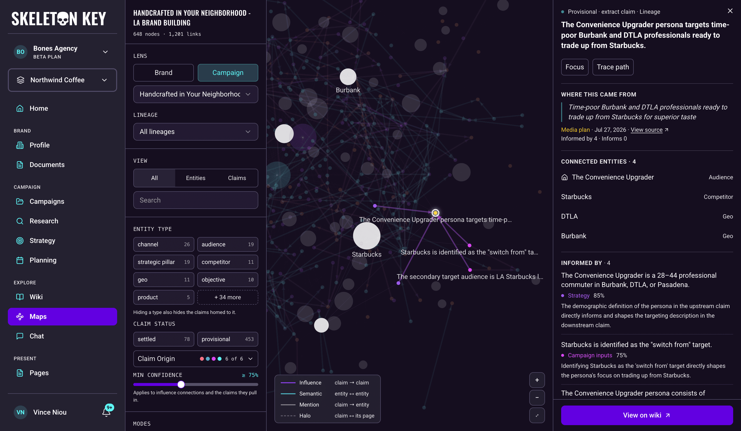 Maps in the Campaign lens for the LA brand-building campaign with a media plan claim selected: its influence lines highlighted on the canvas, and the claim card on the right showing Where this came from, four connected entities, and the Informed by list with confidence scores
