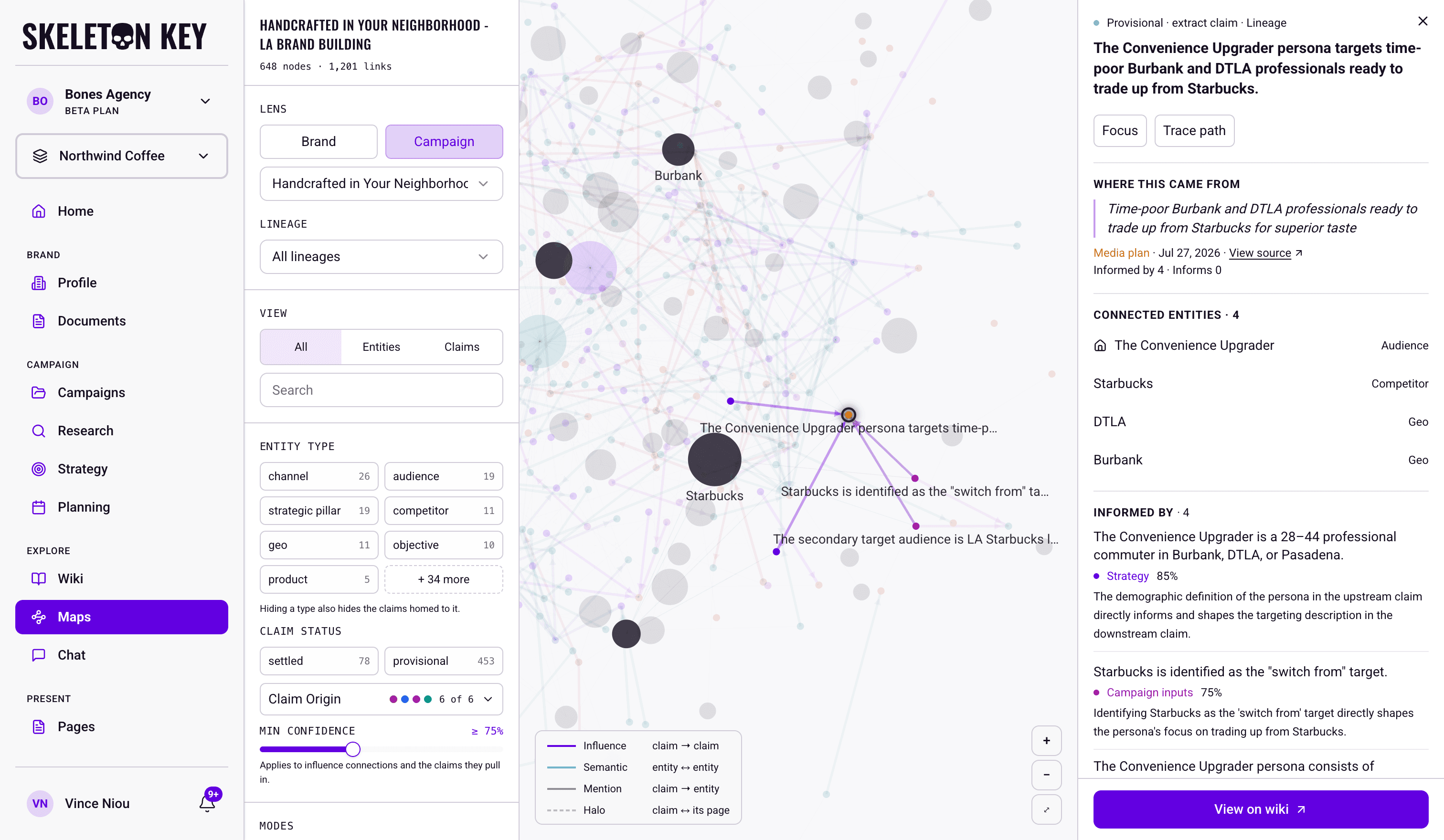 Maps in the Campaign lens for the LA brand-building campaign with a media plan claim selected: its influence lines highlighted on the canvas, and the claim card on the right showing Where this came from, four connected entities, and the Informed by list with confidence scores