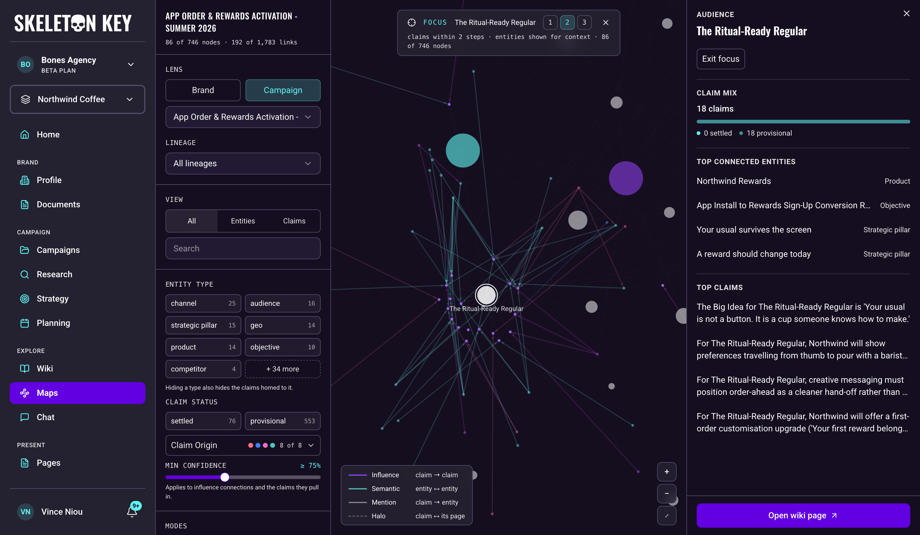 Maps with Focus active on the Ritual-Ready Regular audience entity at two steps: the banner with the 1, 2, and 3 step buttons, 86 of 746 nodes shown around the focused node, and the entity card on the right with its claim mix, top connected entities, and top claims