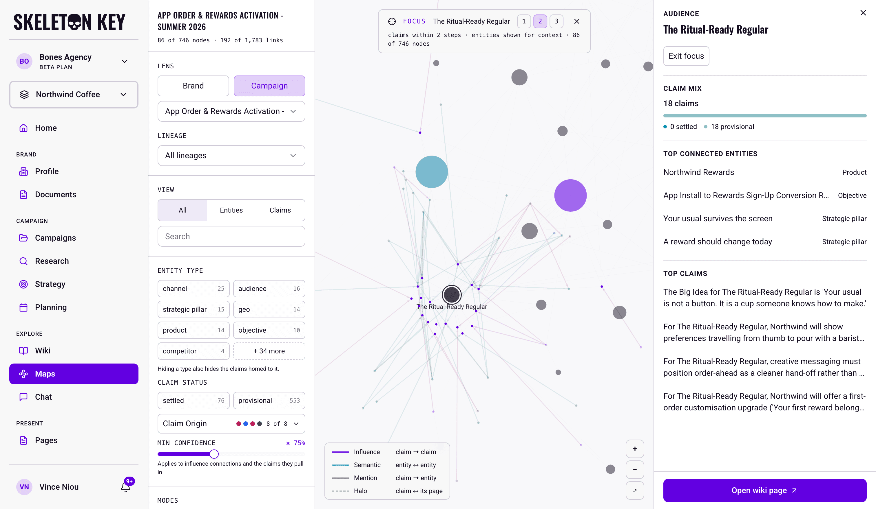 Maps with Focus active on the Ritual-Ready Regular audience entity at two steps: the banner with the 1, 2, and 3 step buttons, 86 of 746 nodes shown around the focused node, and the entity card on the right with its claim mix, top connected entities, and top claims