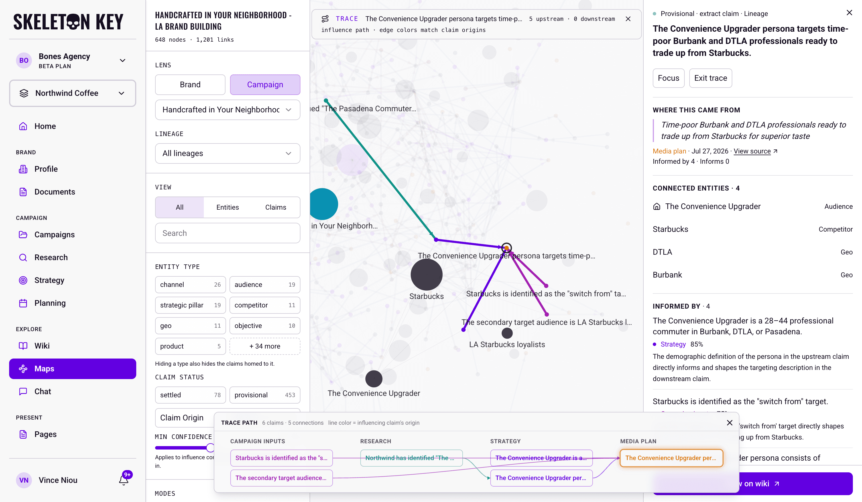 Maps with Trace Path active on a media plan claim: a banner counting 5 upstream and 0 downstream claims, the influence path highlighted across the dimmed canvas, and the Trace Path panel at the bottom grouping six claims by origin from Campaign inputs through Research and Strategy to Media Plan