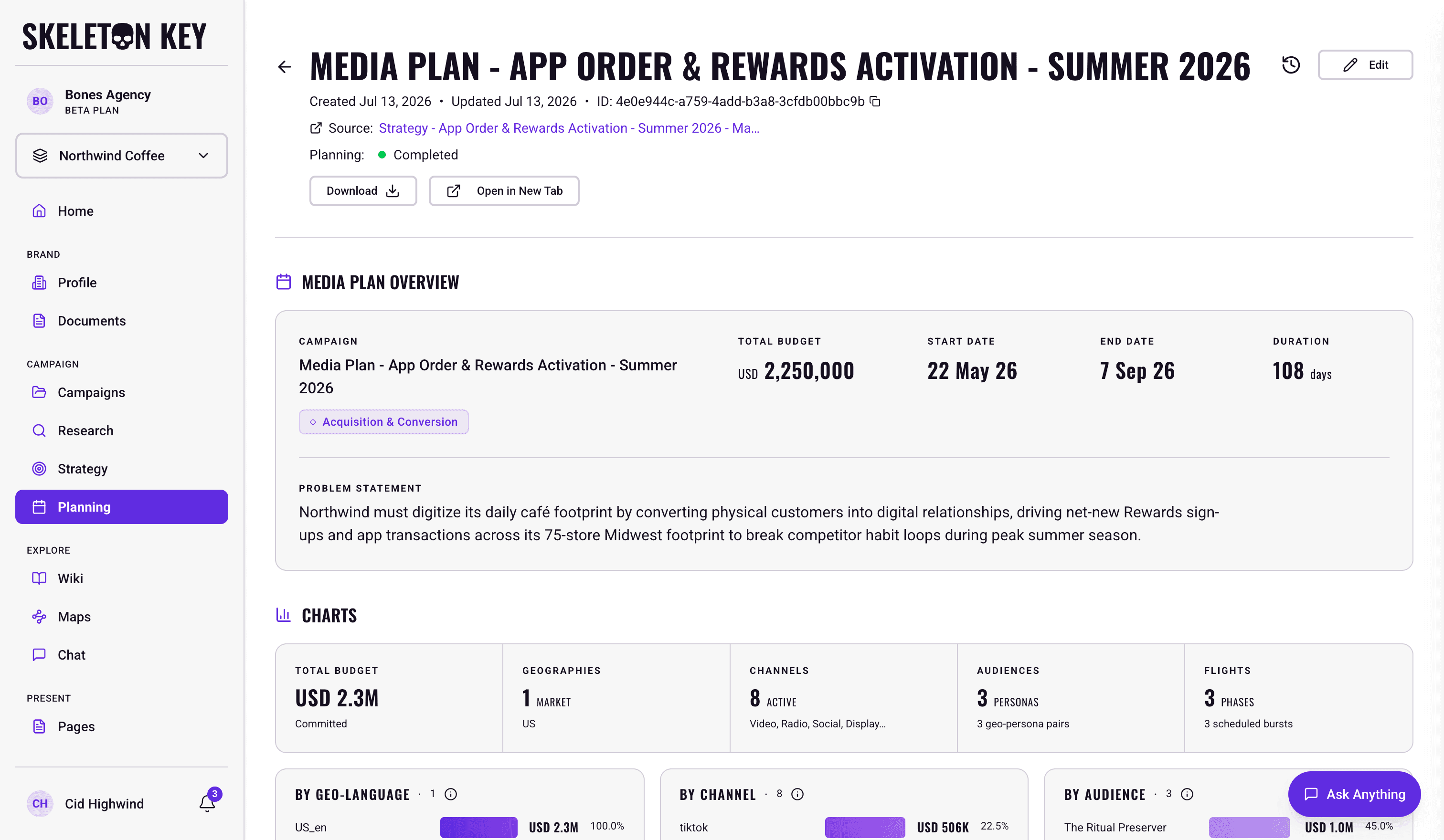 Skeleton Key Media Plan page for the Northwind Coffee Summer 2026 campaign, showing the page header with the source link back to Strategy, the completed status, and the Download and Open in New Tab actions, above the Media Plan Overview card with campaign label, budget, dates, duration, and problem statement, with the Charts section beginning below